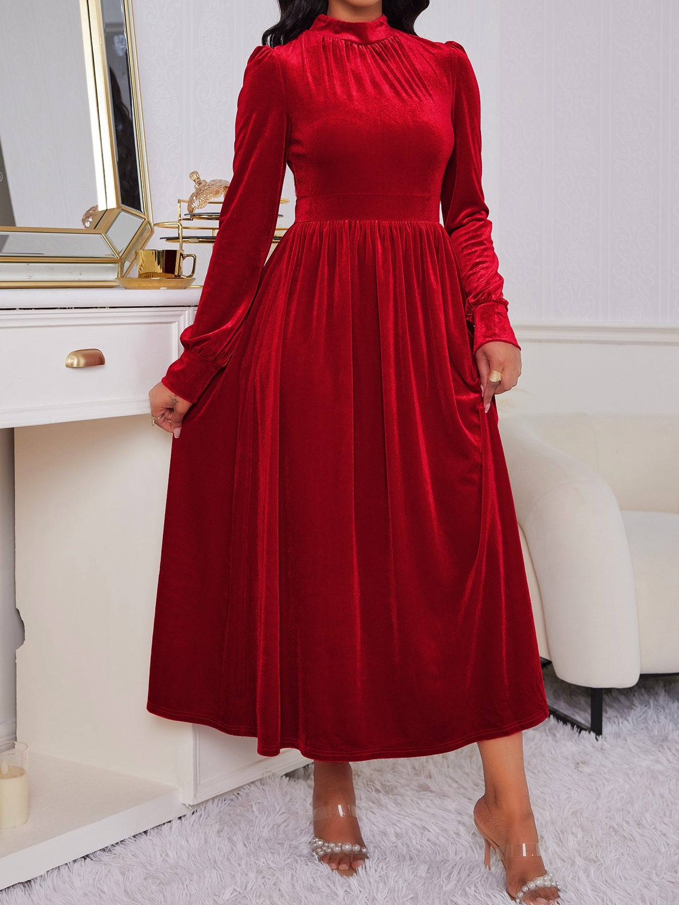 Elegant Velvet Long Dress High Neck, Lantern Sleeve, Red, Vintage Style for Parties and Christmas