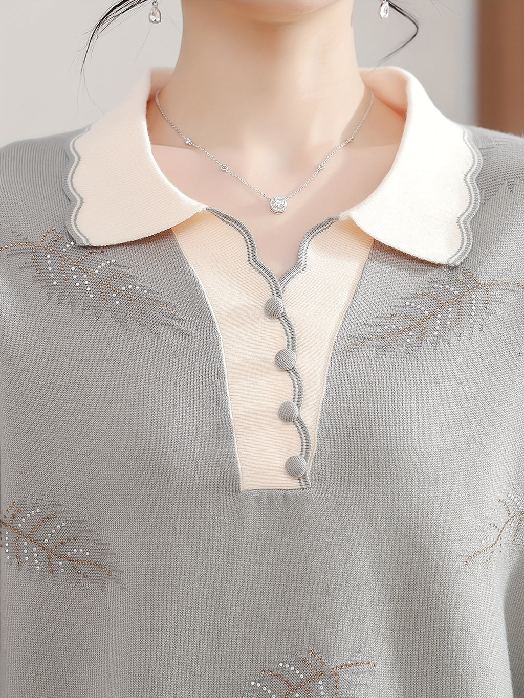 Women'S Elegant V-Neck Sweater - Lightweight Breathable Long Sleeve Blouse with Classic Collar