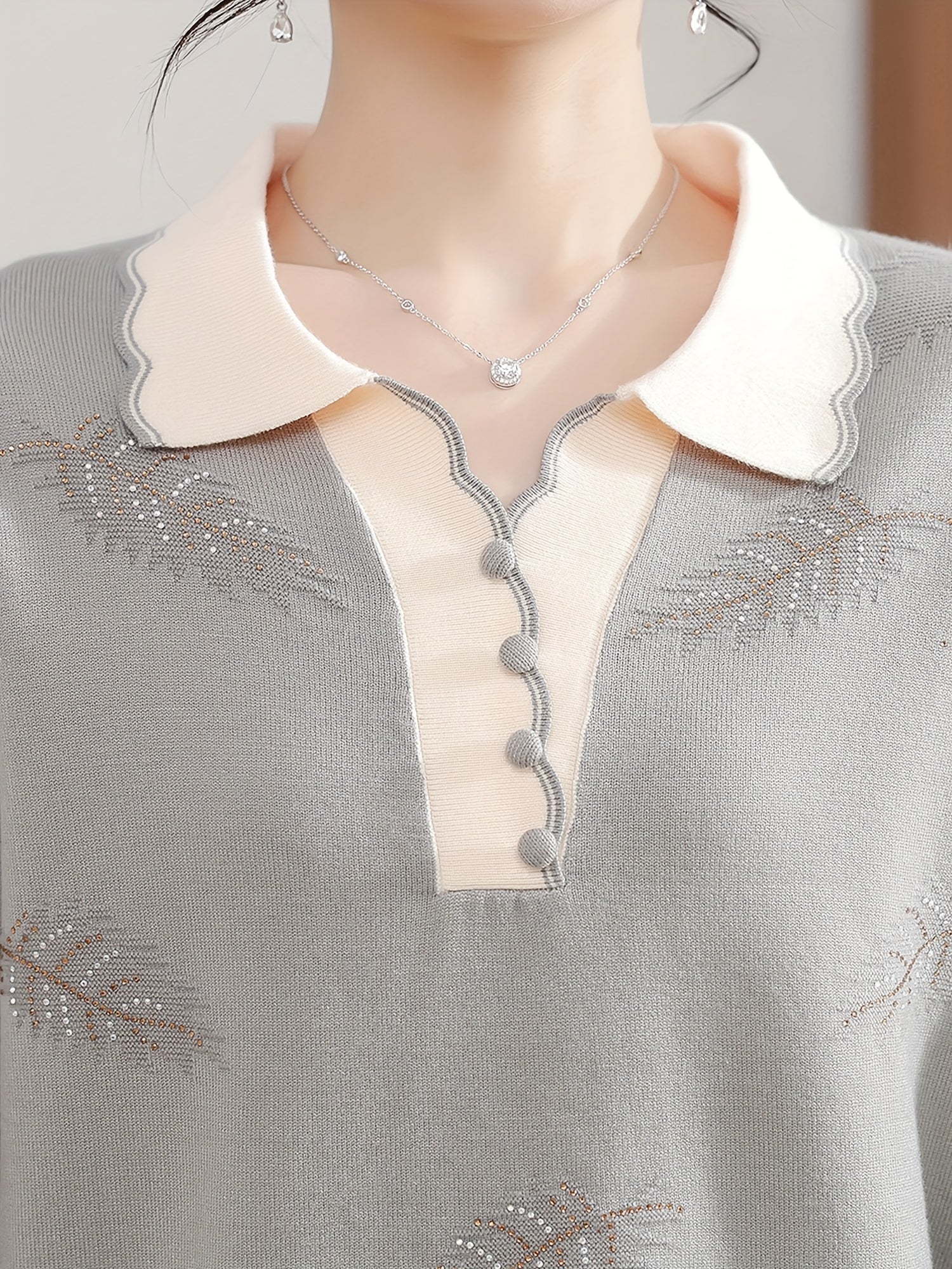 Women'S Elegant V-Neck Sweater - Lightweight Breathable Long Sleeve Blouse with Classic Collar