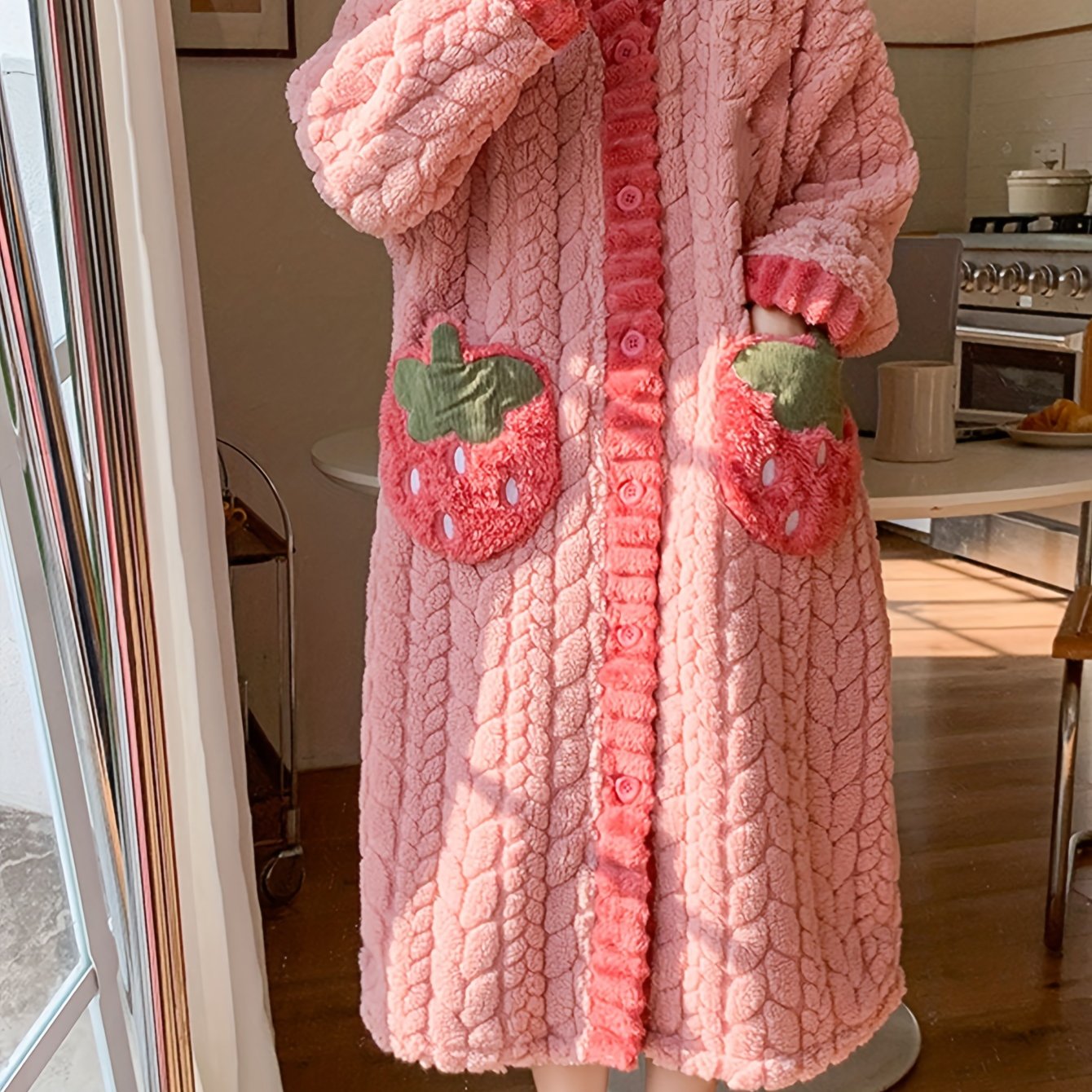 Cozy Coral Fleece V-Neck Long Sleeve Night Dress with Pockets - Plus Size Sleepwear