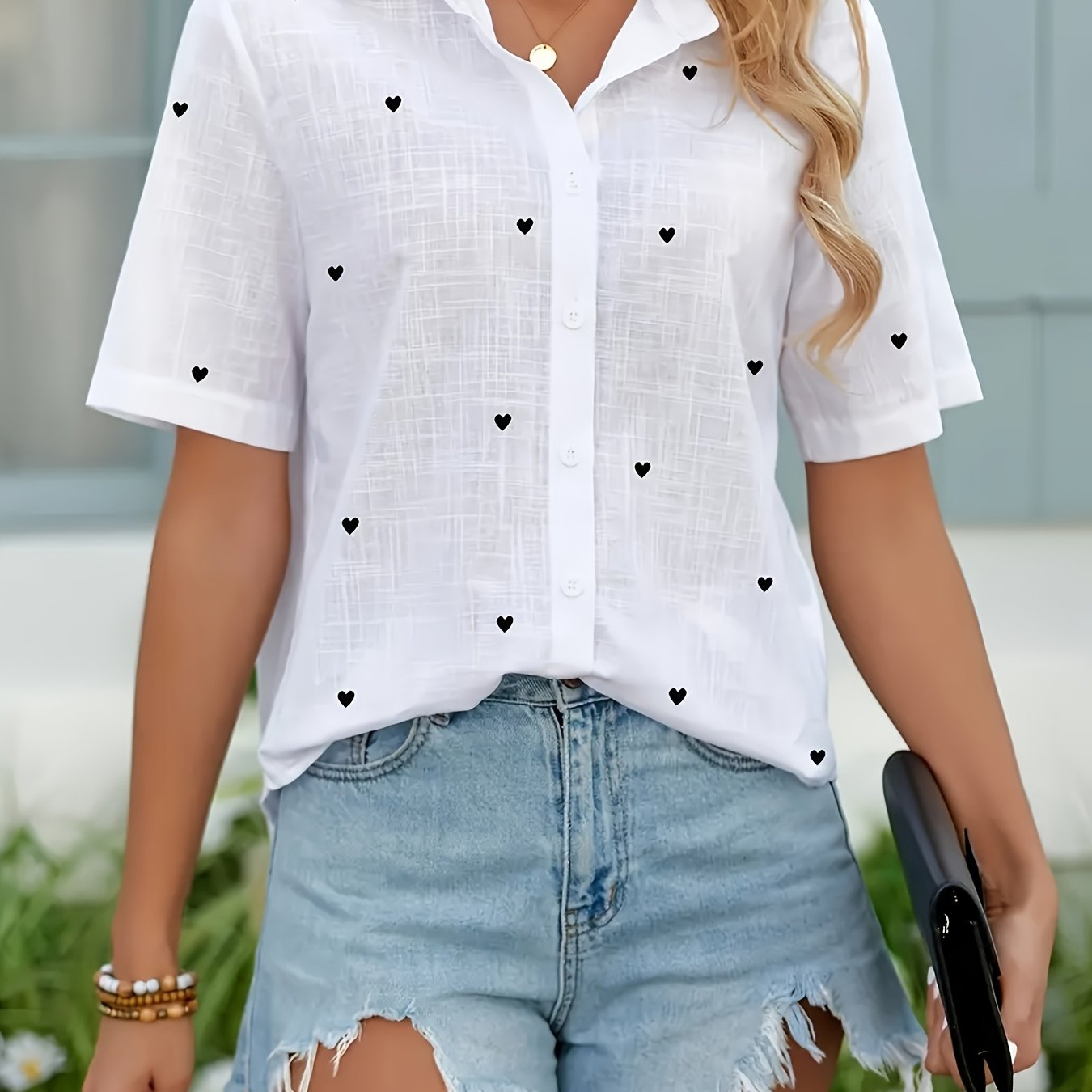 Women's Casual Short Sleeve Blouse with Heart Print & Button Collar