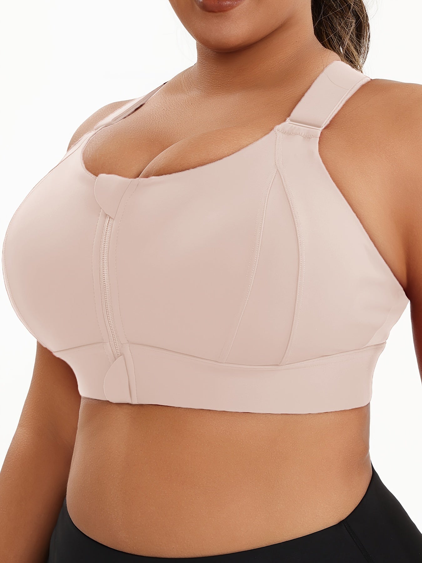 [Plus Size Sports Bra] High-Elasticity Plus Size Sports Bra | Women's Blue Bra with Zipper, Non-Removable Padding, Adjustable Shoulder Straps