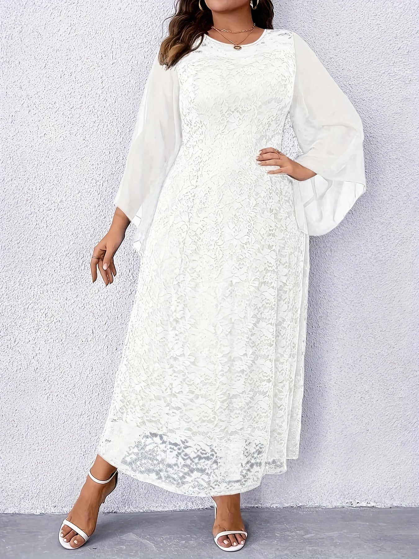 Women's Elegant Navy Blue Lace Dress - Formal to Casual Wedding Party Outfit with Long Flowing sleeves