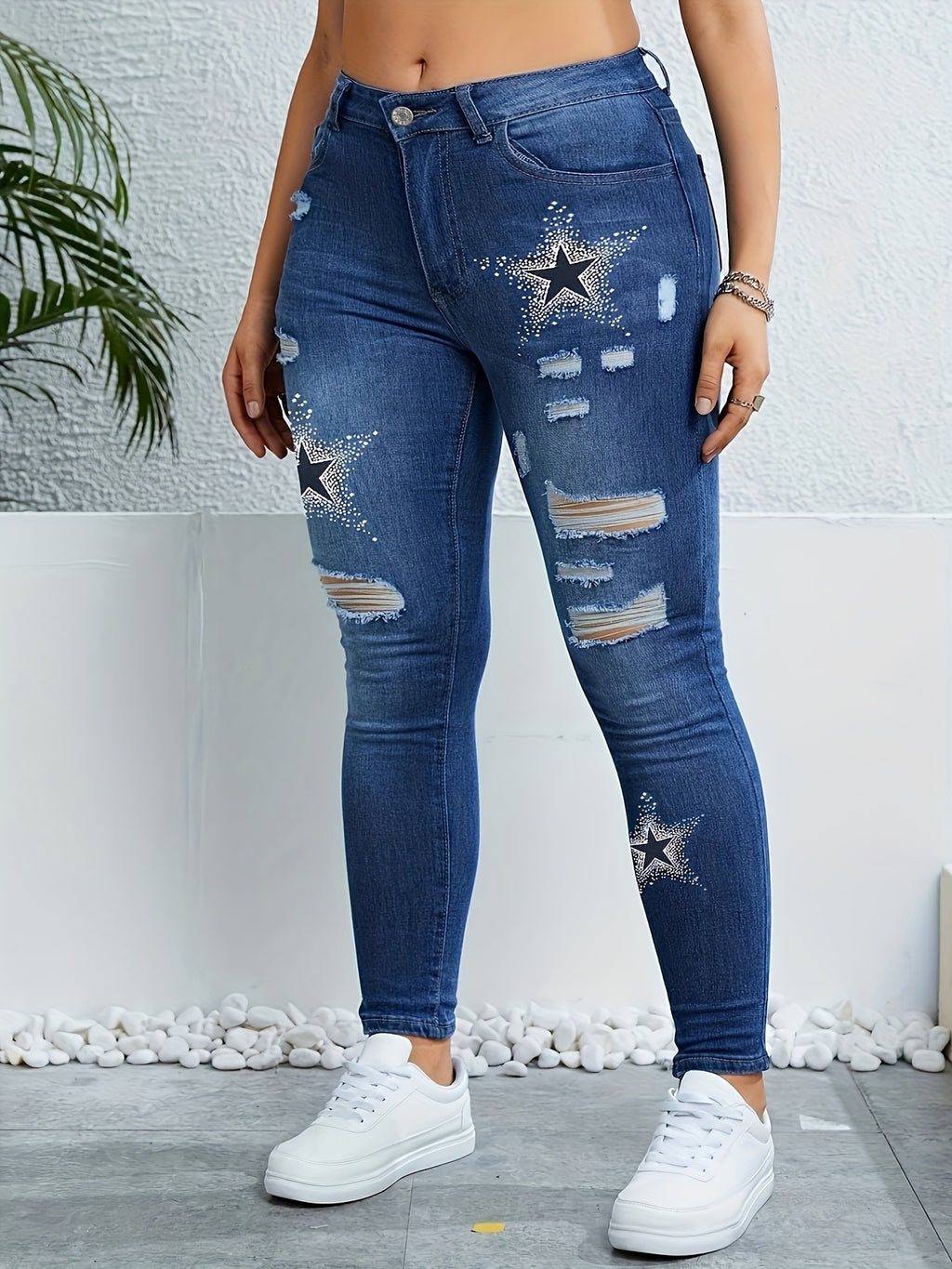 Women's High-Waist Star Print Distressed Jeans