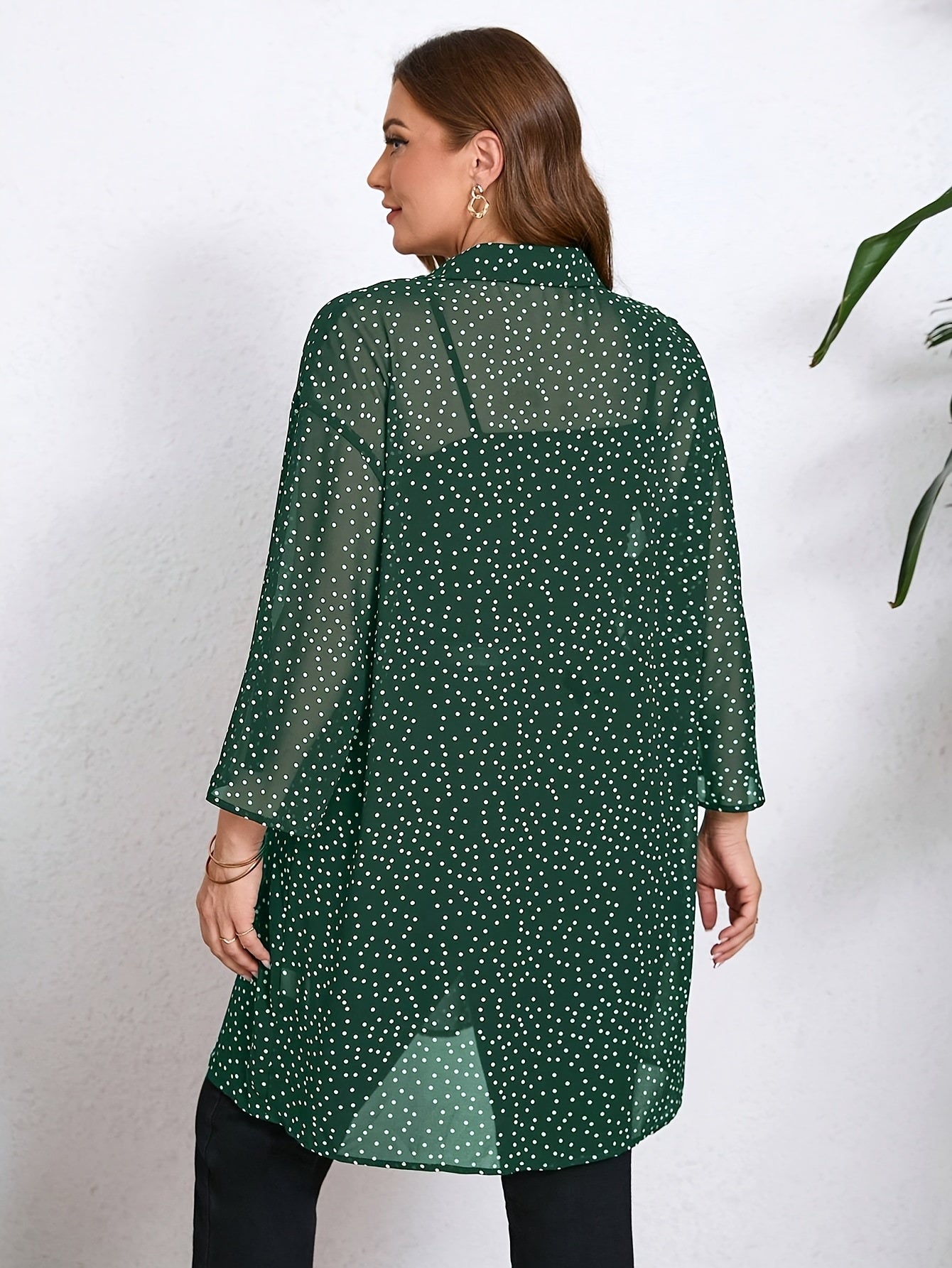 Chic Plus Size Polka Dot Blouse with Cuffed Long Sleeves