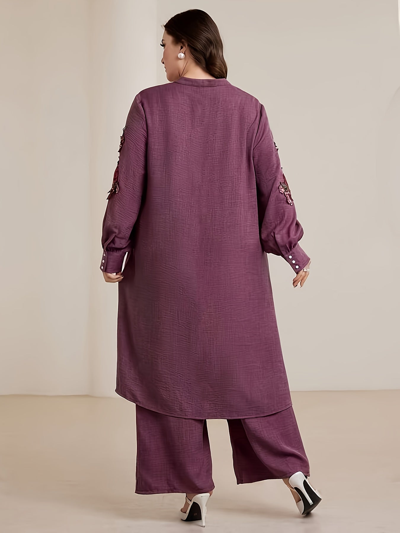 Plus Size Women's Elegant Embroidered V-Neck Long Sleeve Dress and Loose Pants Two-Piece Set