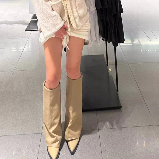 Autumn And Winter New Pointed Toe Chunky Heel Pantyhose Boots
