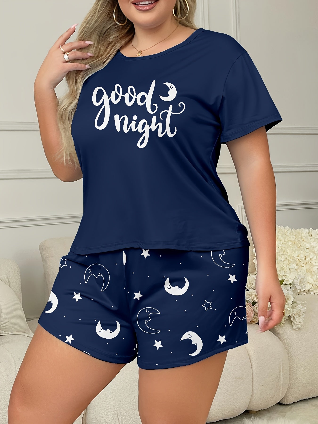 Spring And Summer Letter Moon Print Women'S Loungewear Short-Sleeve Shorts Set Suitable for Outdoor Wear.