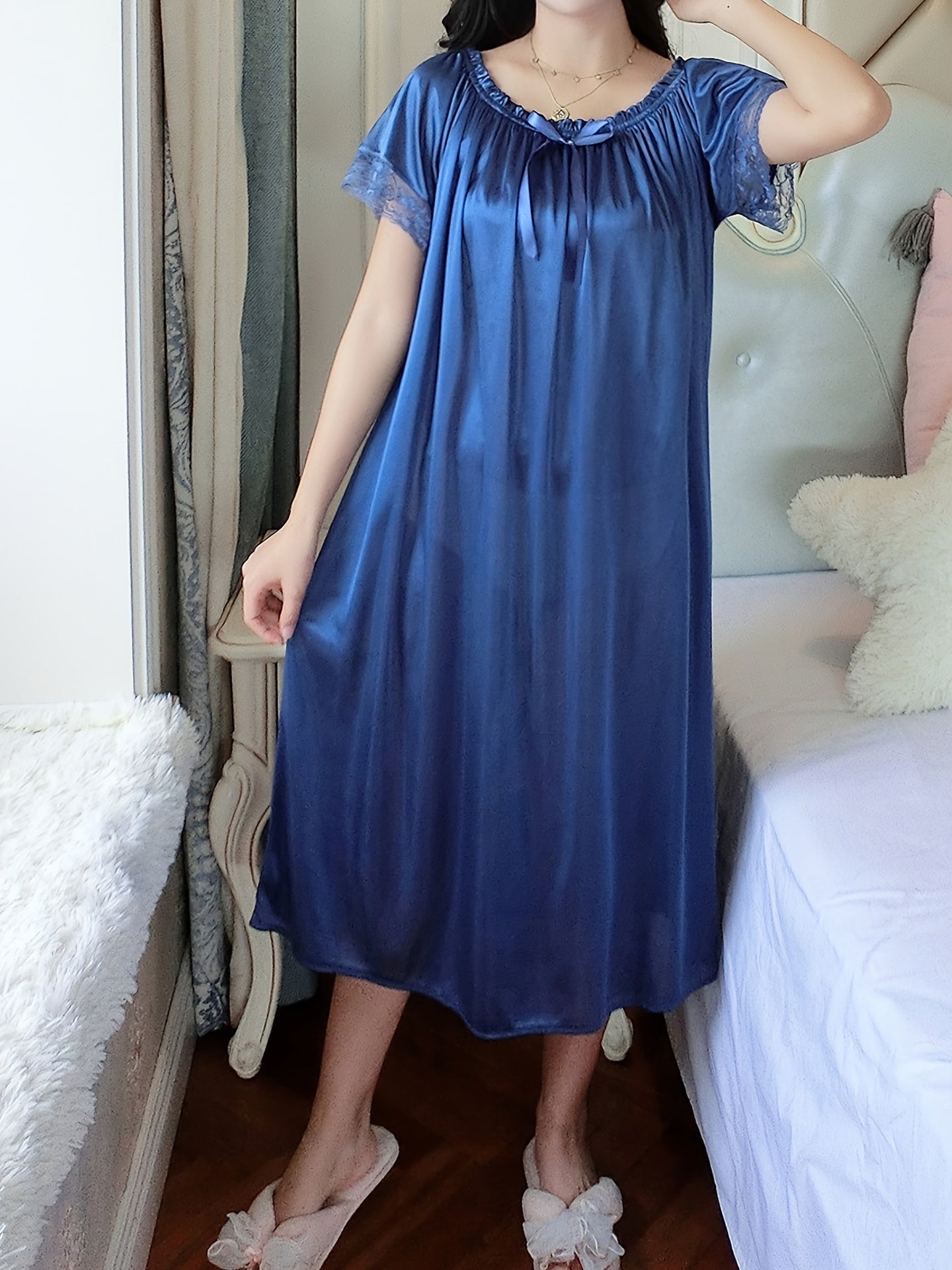 Elegant Off the Shoulder Short Sleeve Night Dress, Polyester Solid Color Slight Stretch Pullover for Adult Women, Spring/Summer Sleepwear
