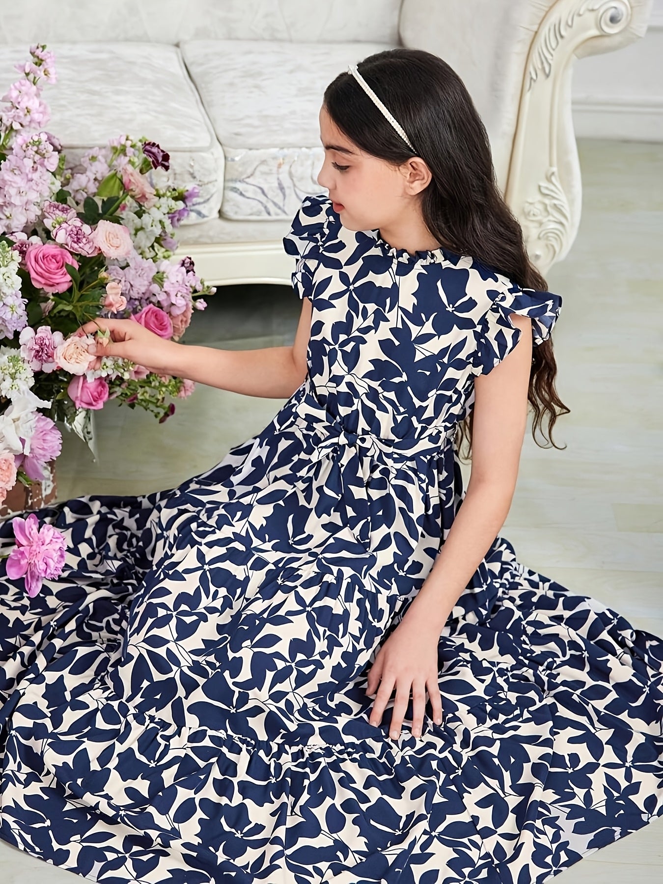 Print Sleeveless Maxi Dress with Belt for Teens