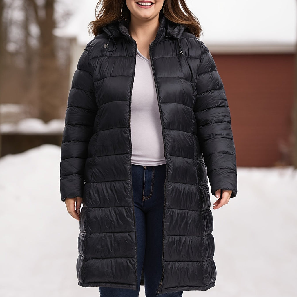 Plus Size Women's Elegant Burgundy Winter Coat with Hood - Long Jacket, Zippered Pockets & Detachable