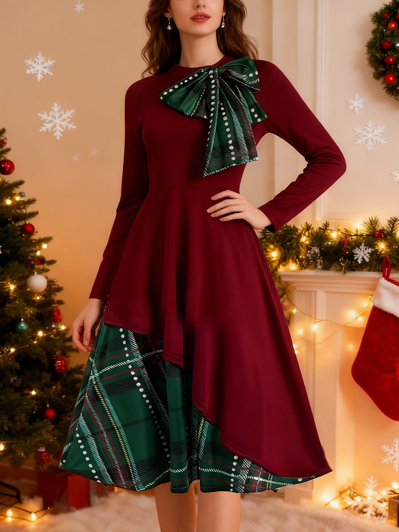 Women's Elegant Burgundy & Green Tartan Plaid Christmas Party Wedding Guest Dress