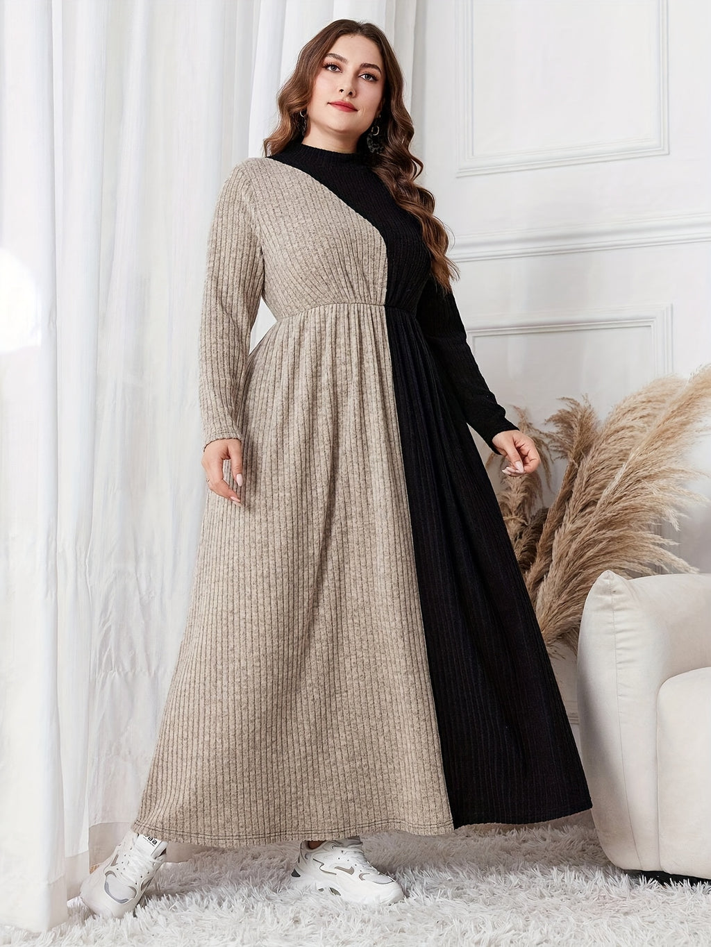 Women's Elegant French-Style Full-Length Dress with Long Sleeves