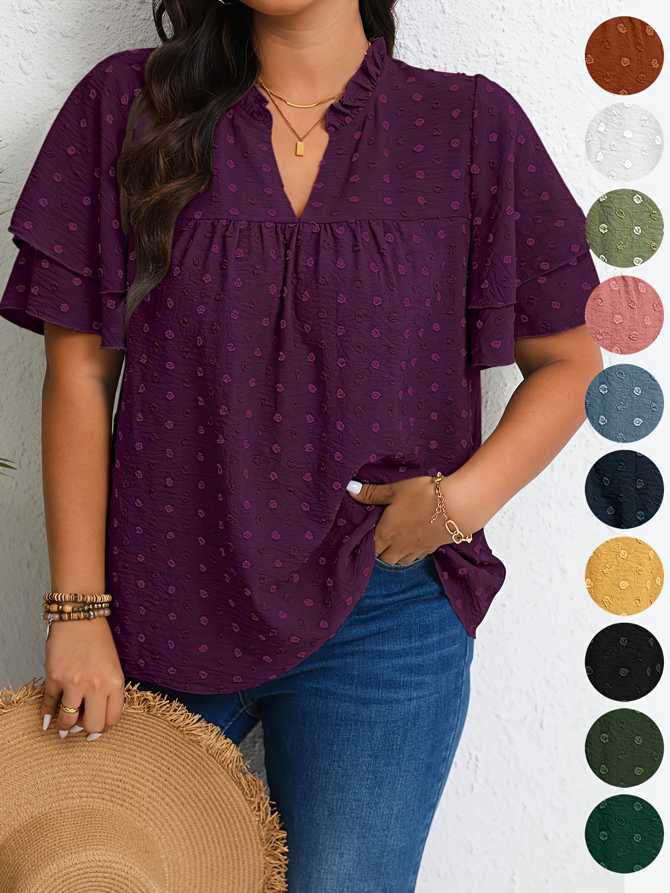 Plus Size Women's Casual V-Neck Blouse with Ruffled Short Sleeves