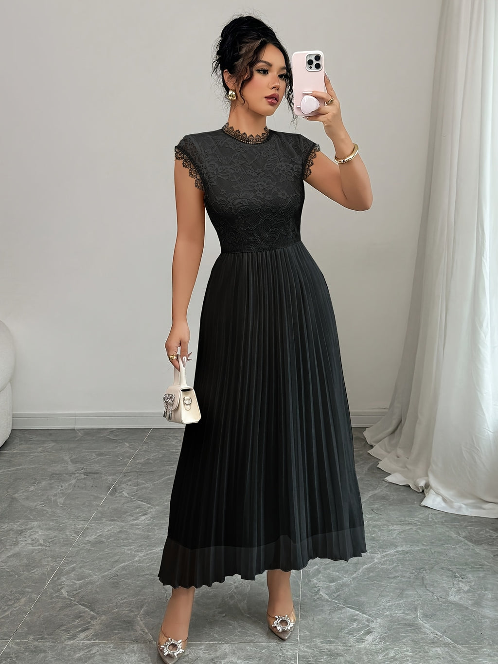 Women's Elegant Black Floral Lace-Trimmed Pleated Maxi Dress - Sleeveless, Round Neck, High-Low Hem