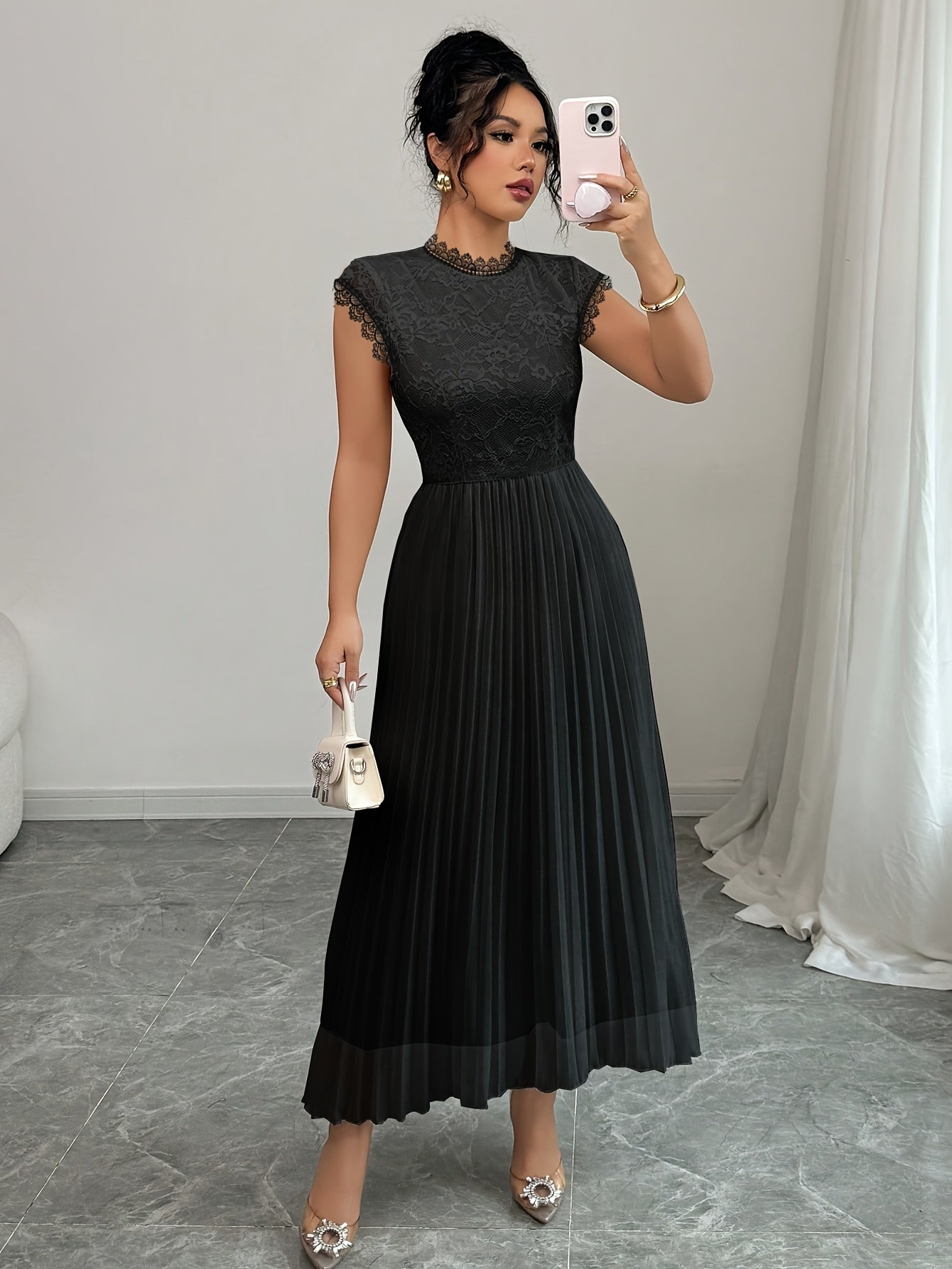 Women's Elegant Black Floral Lace-Trimmed Pleated Maxi Dress - Sleeveless, Round Neck, High-Low Hem