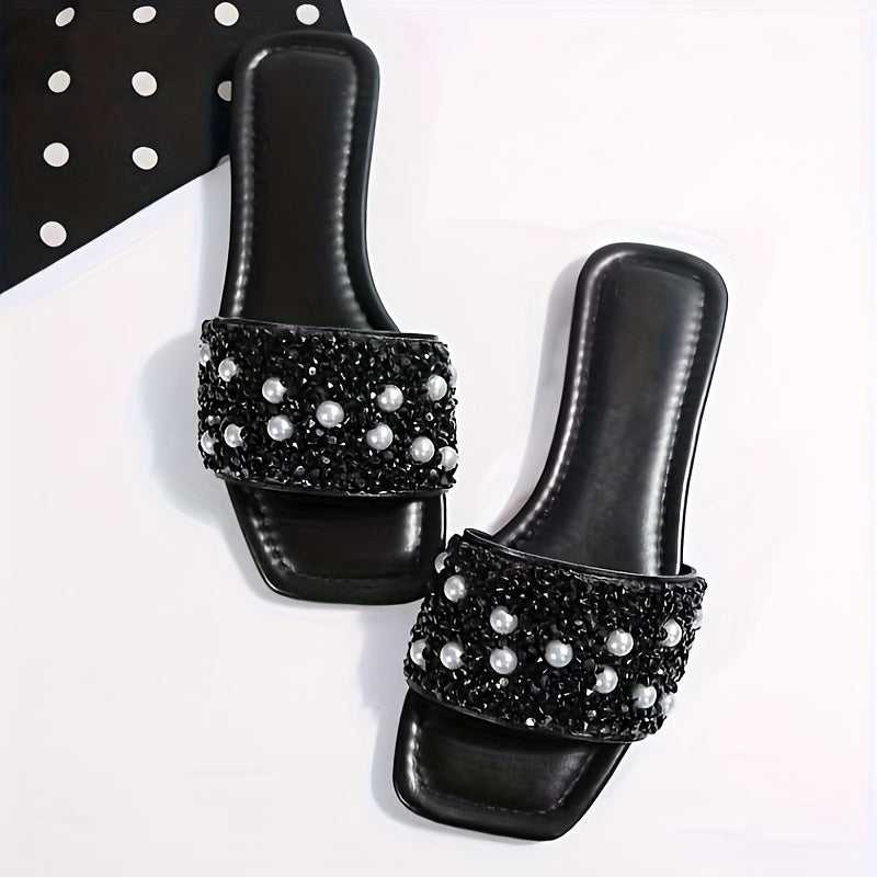 Women'S Elegant Black Pearl-Embellished Flat Sandals