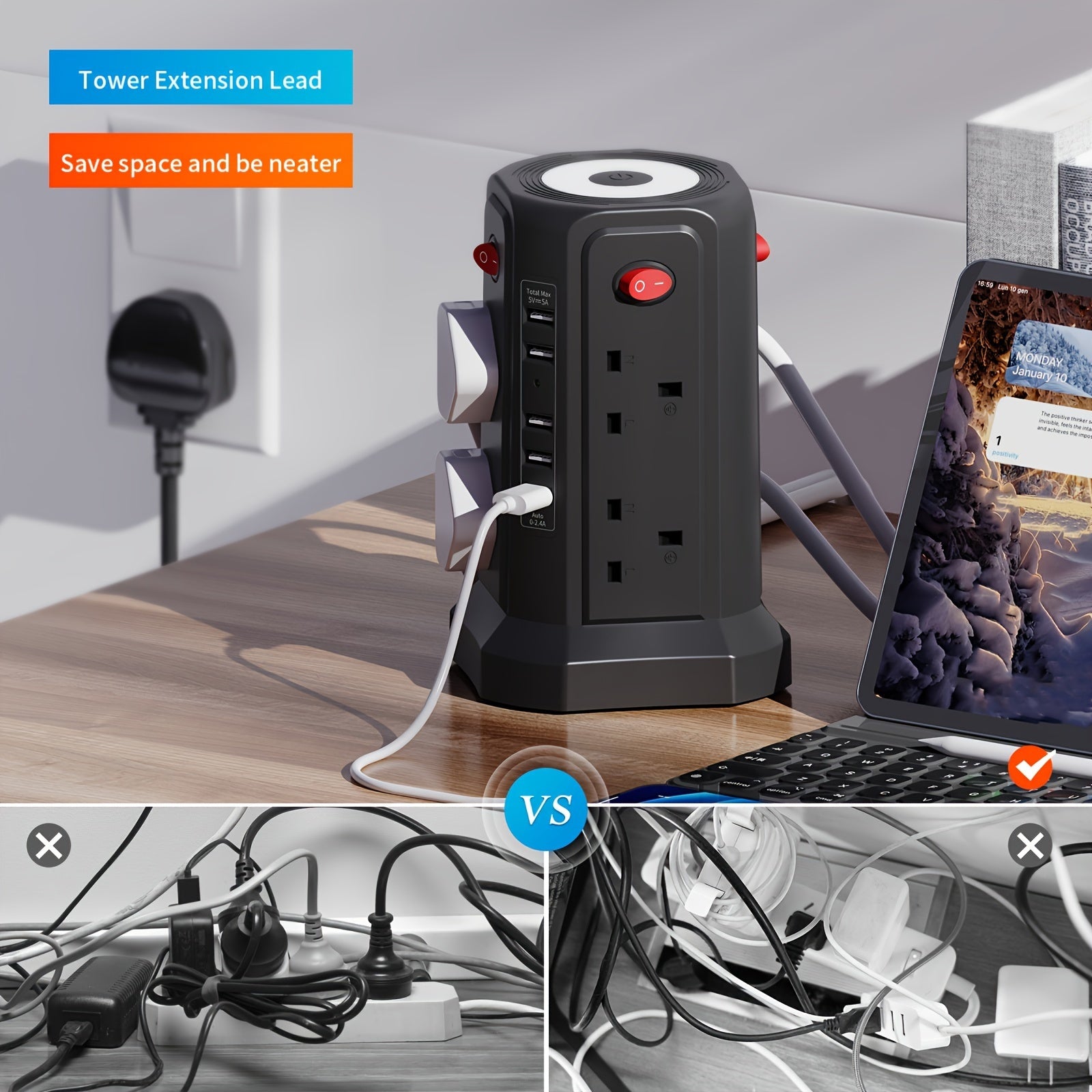 Extension Cord with USB Plug and Night Light, 13A 3250W Extension Tower with 5 USB Ports and 8 Way Plugs
