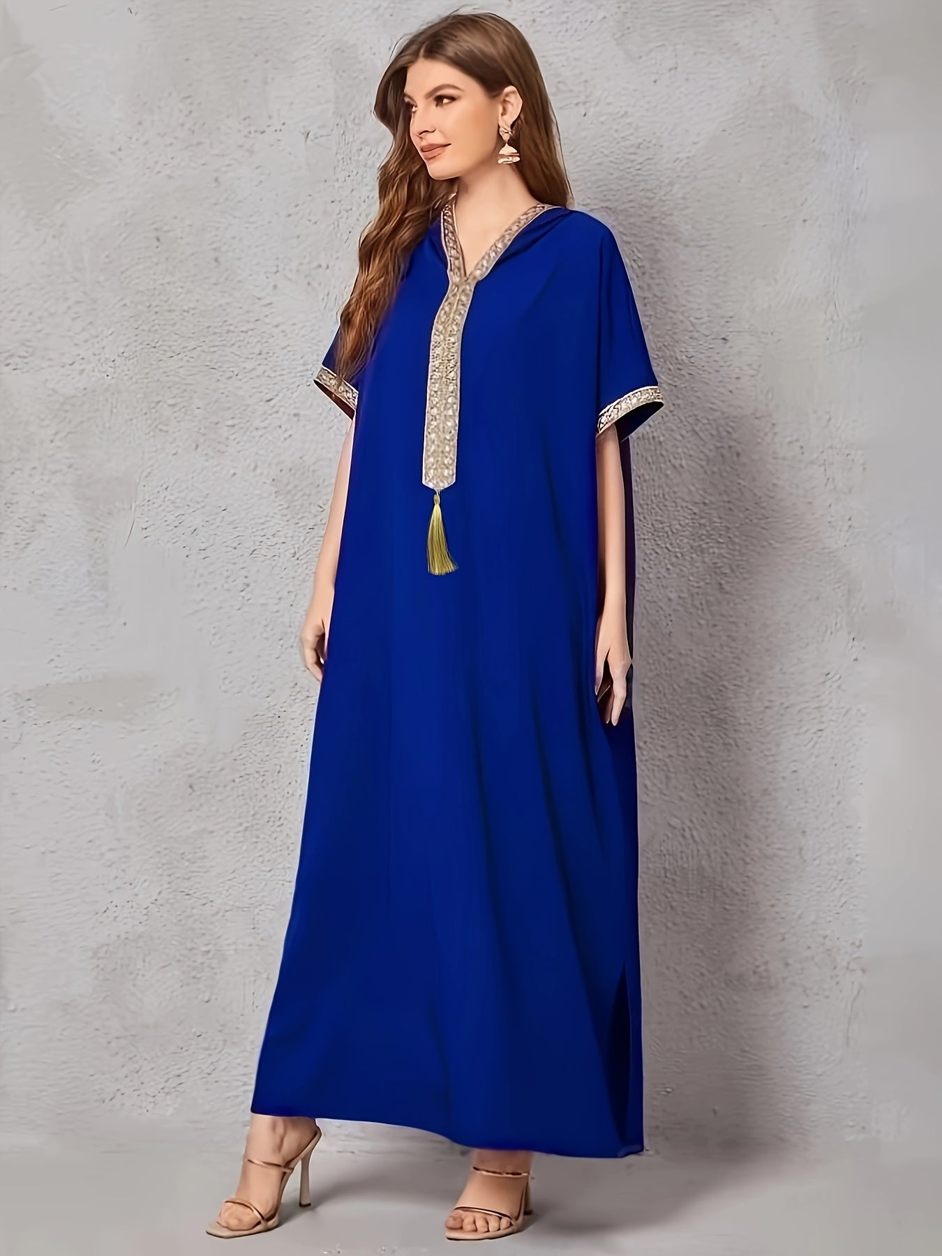 Contrast Trim V-neck Kaftan Dress, Elegant Batwing Sleeve