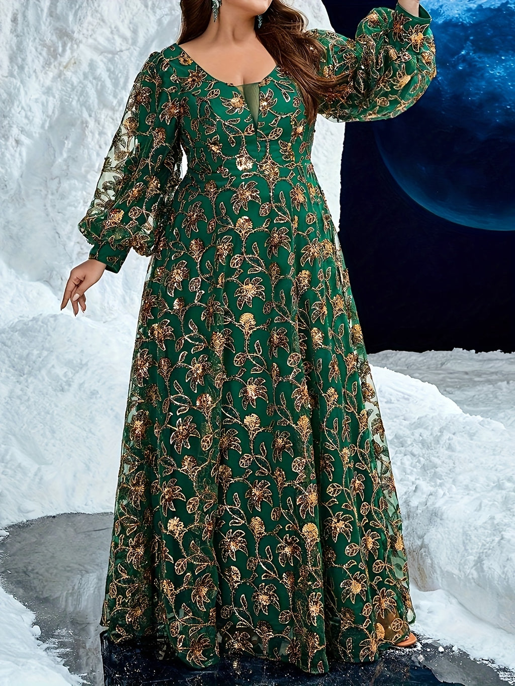 Women's Plus Size Elegant V-Neck Lantern Sleeve Maxi Dress