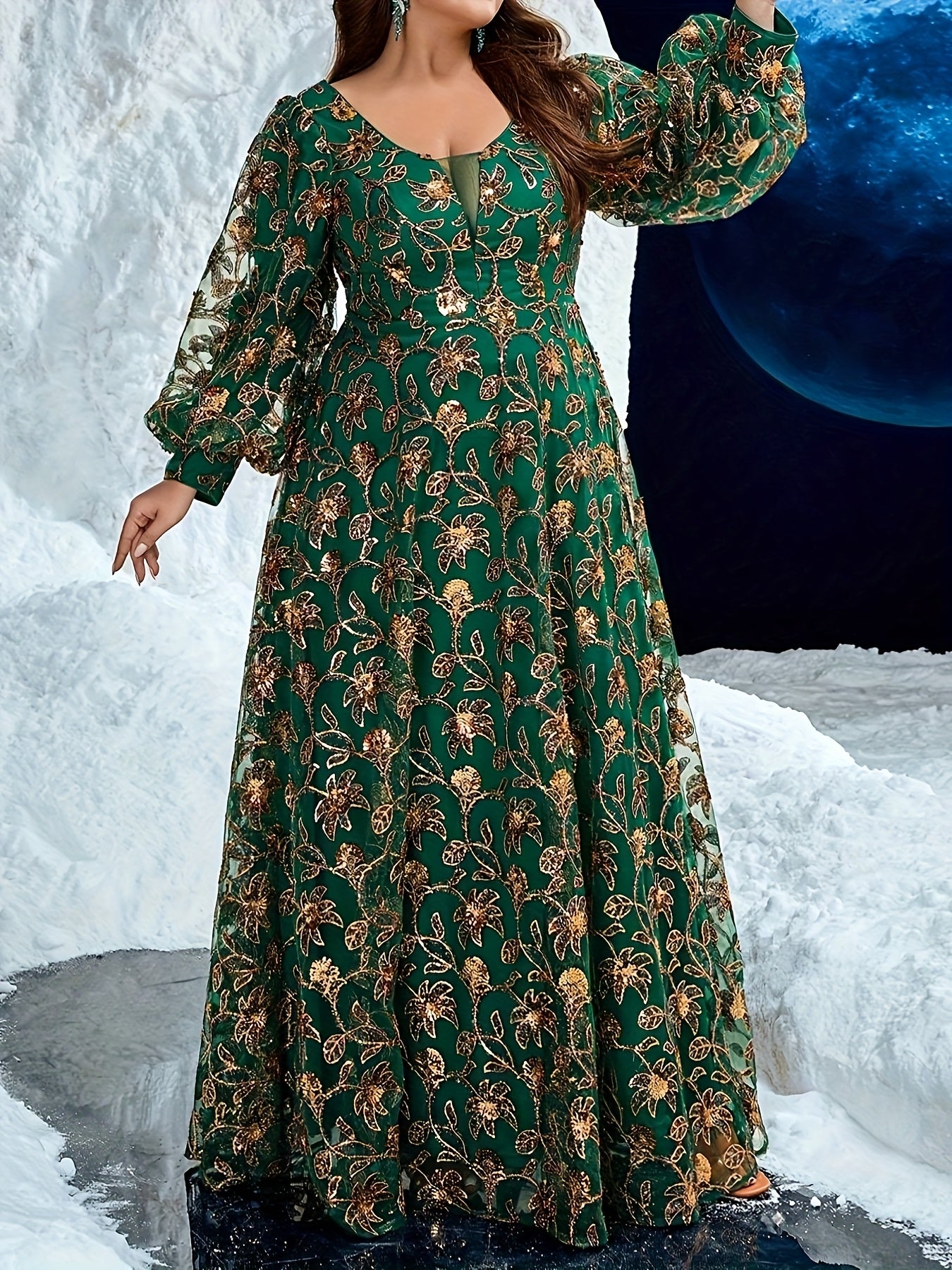 Women's Plus Size Elegant V-Neck Lantern Sleeve Maxi Dress