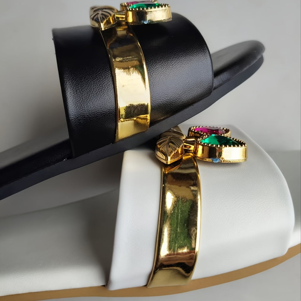 Women's Slide Sandals - Elegant Black PU Cover with Golden Accents