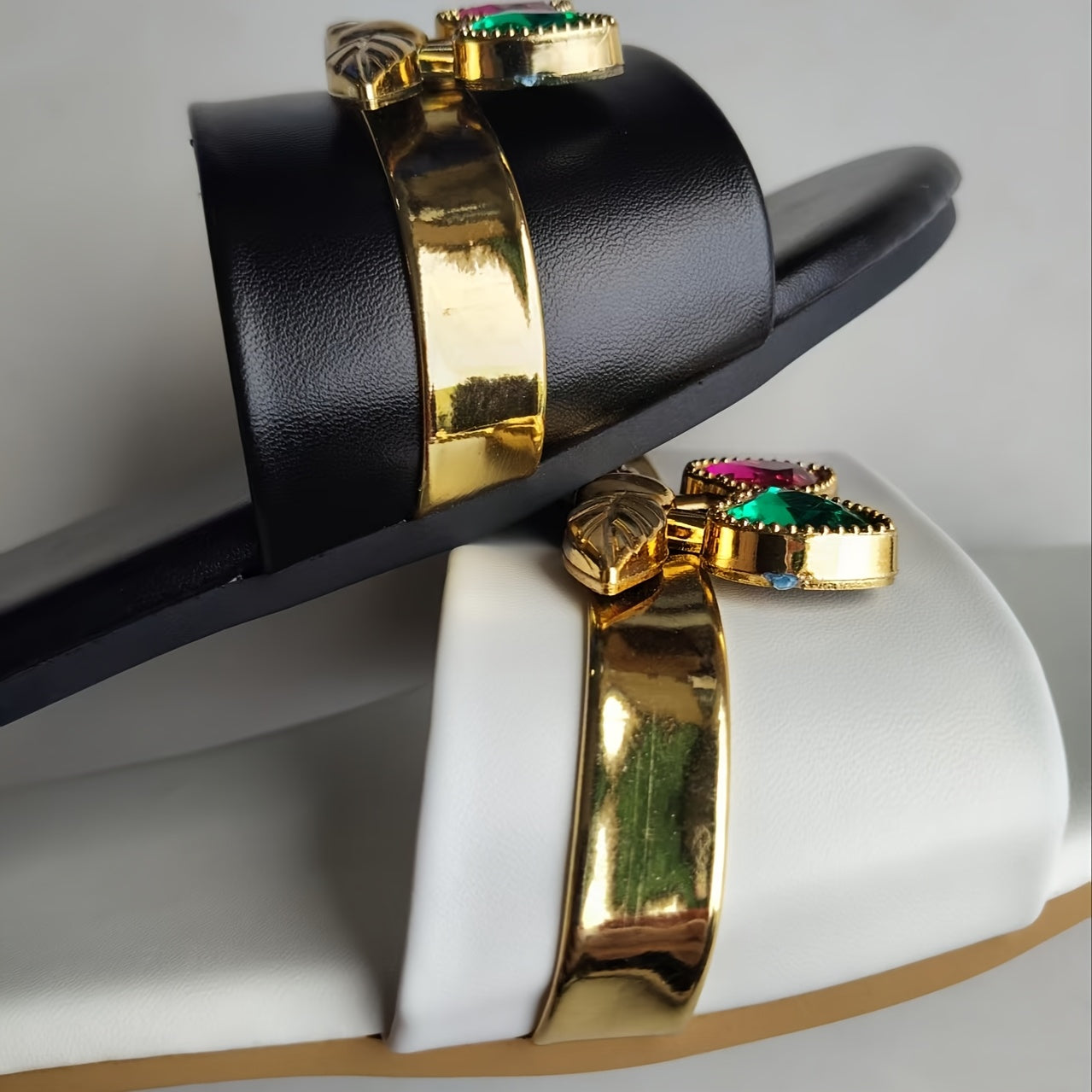 Women's Slide Sandals - Elegant Black PU Cover with Golden Accents