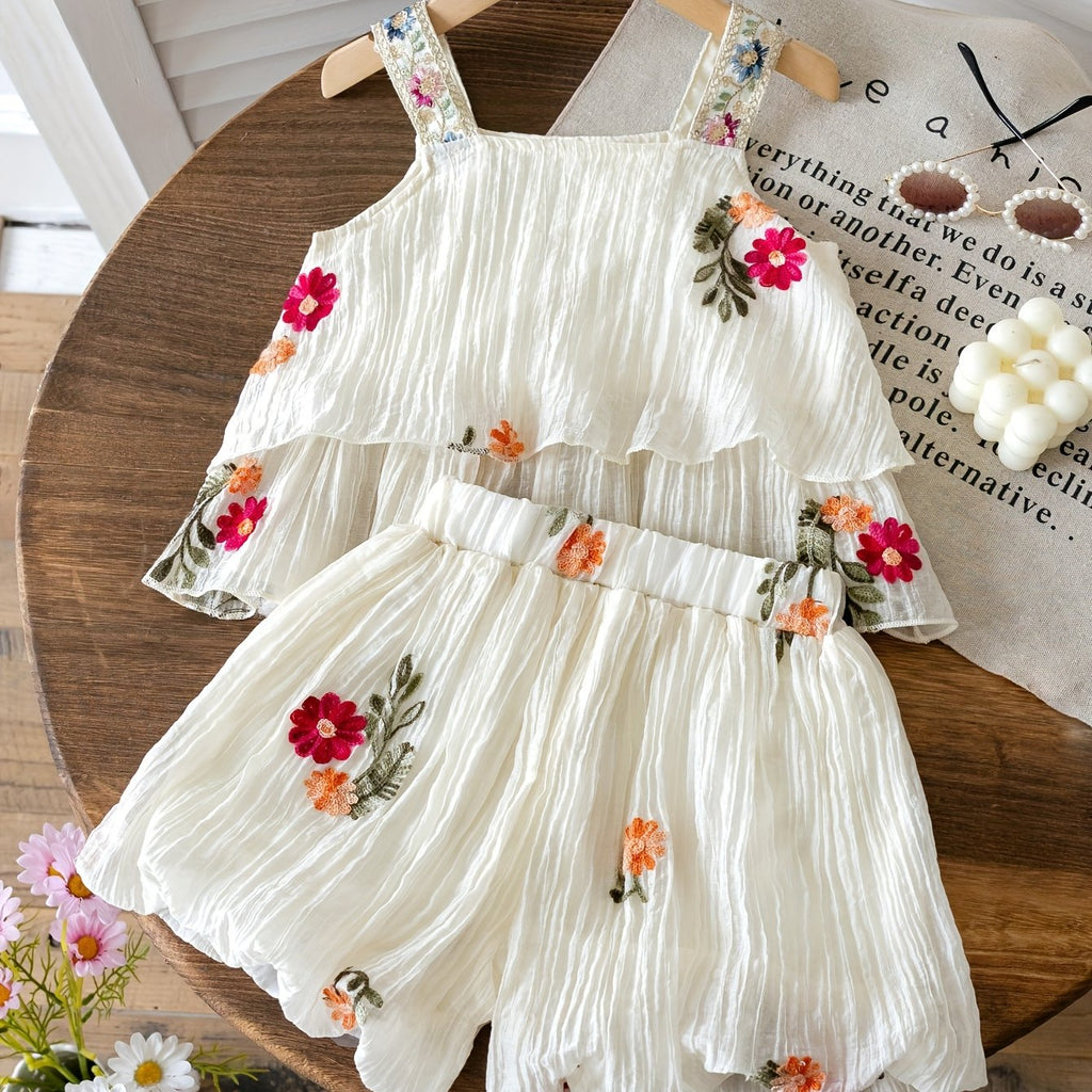 Floral Embroidery 2pcs Fashion Girls' Set with Golden Cord Lace
