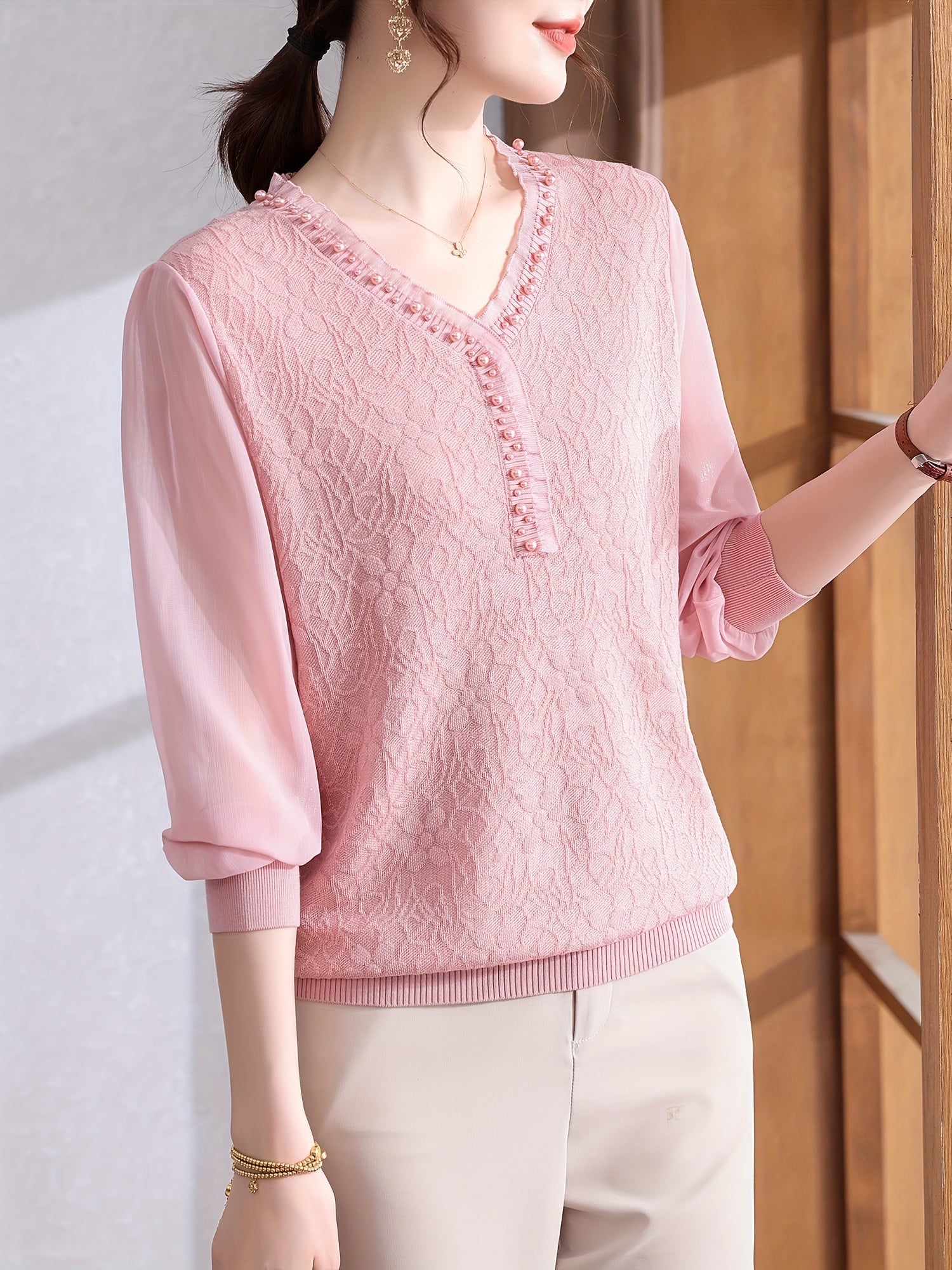 Women's Lightweight V-Neck Blouse with Beaded Detail