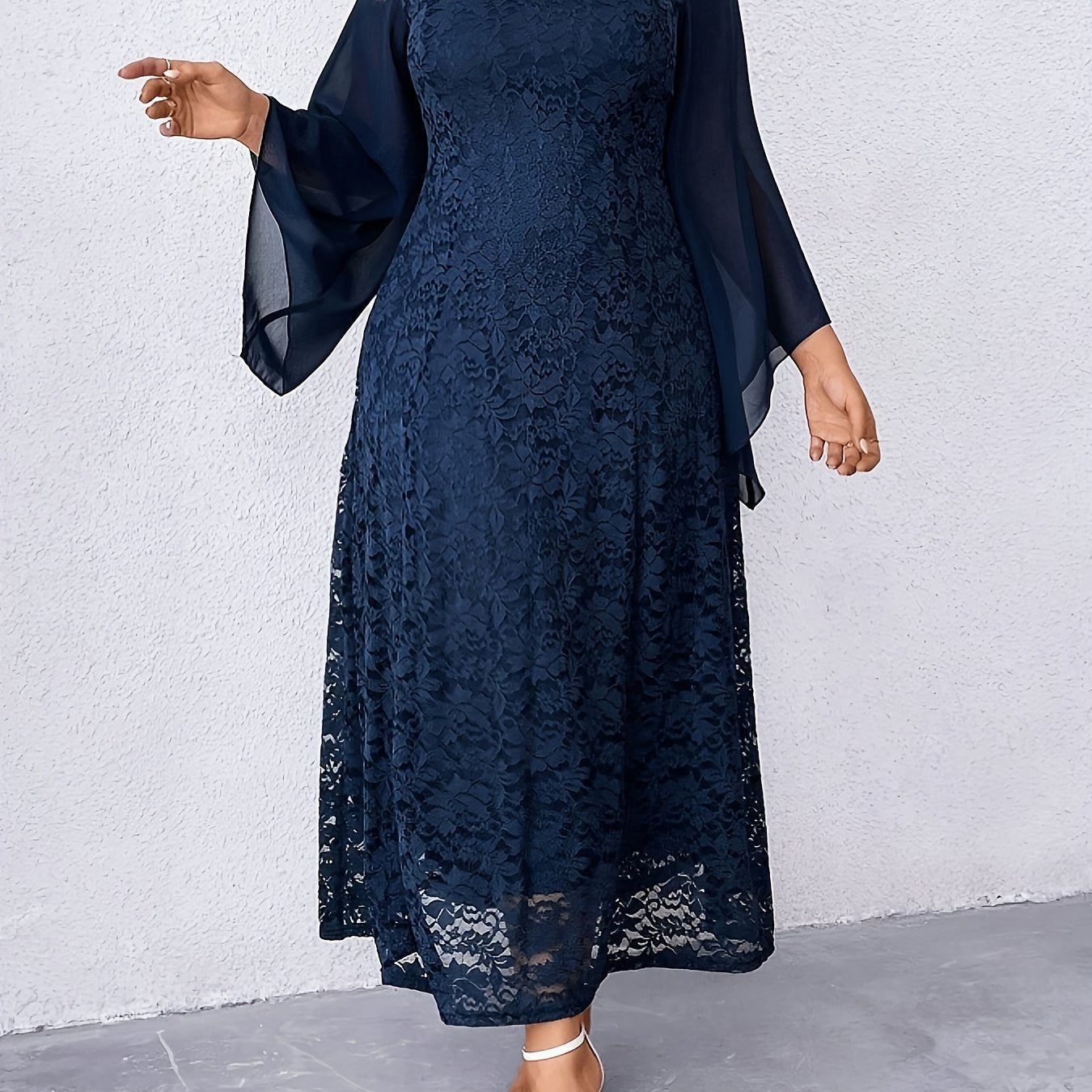 Women's Elegant Navy Blue Lace Dress - Formal to Casual Wedding Party Outfit with Long Flowing sleeves