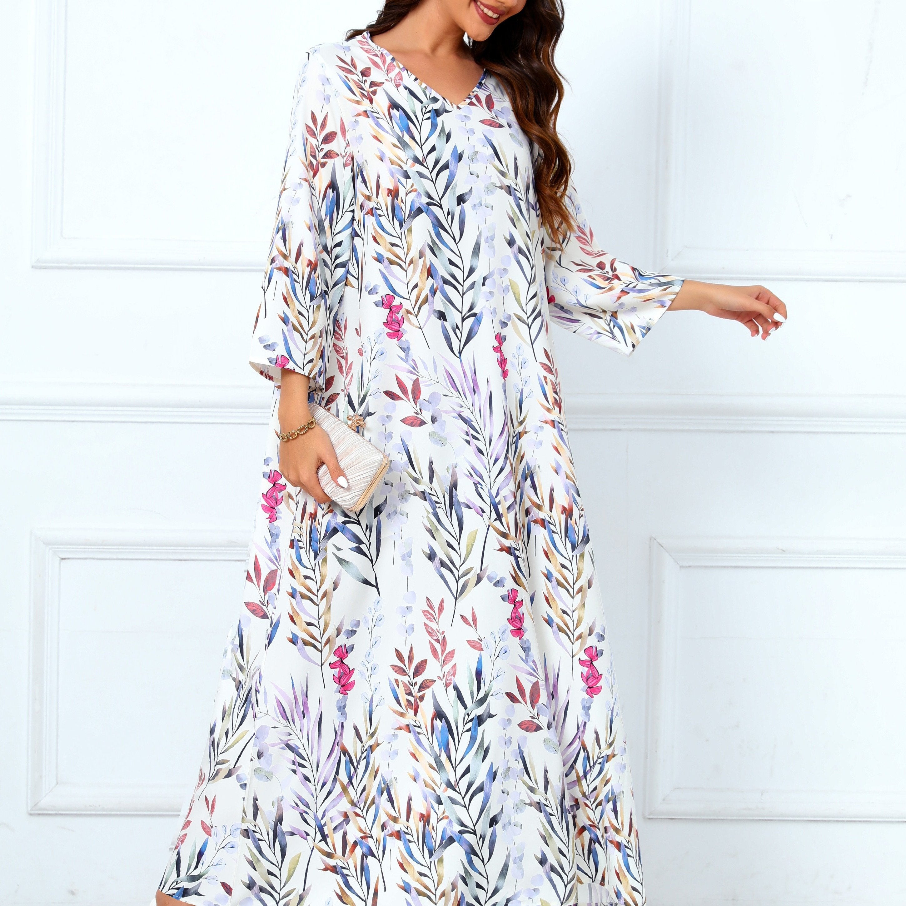 Floral Print V Neck Modest Dress