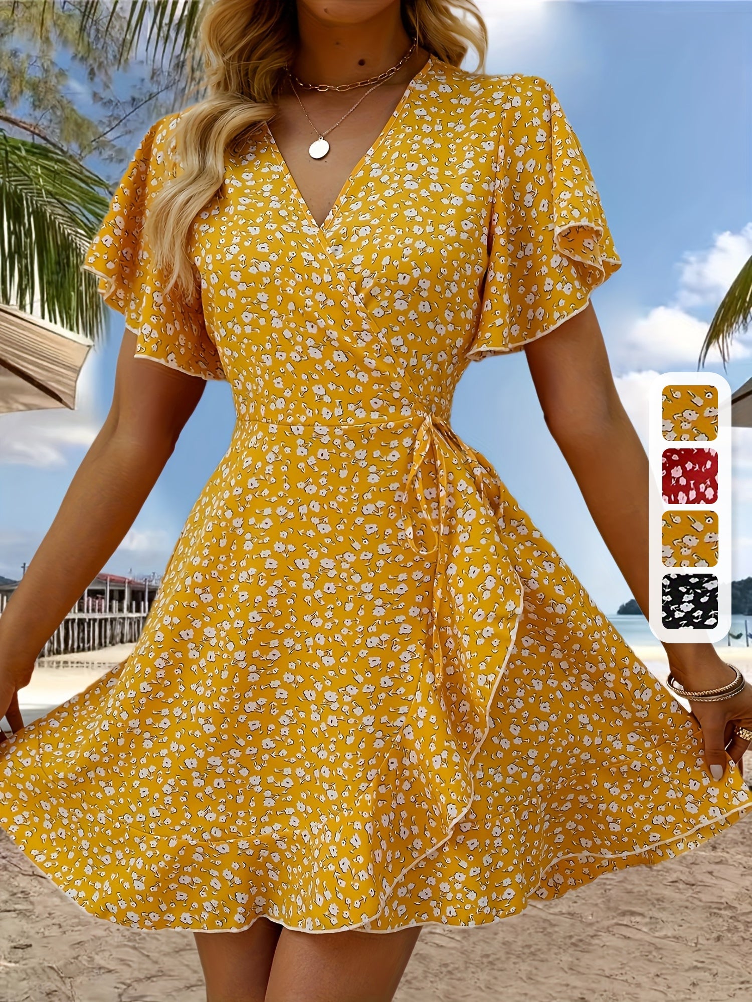 Cross Neck Ruffled Sleeve Dress