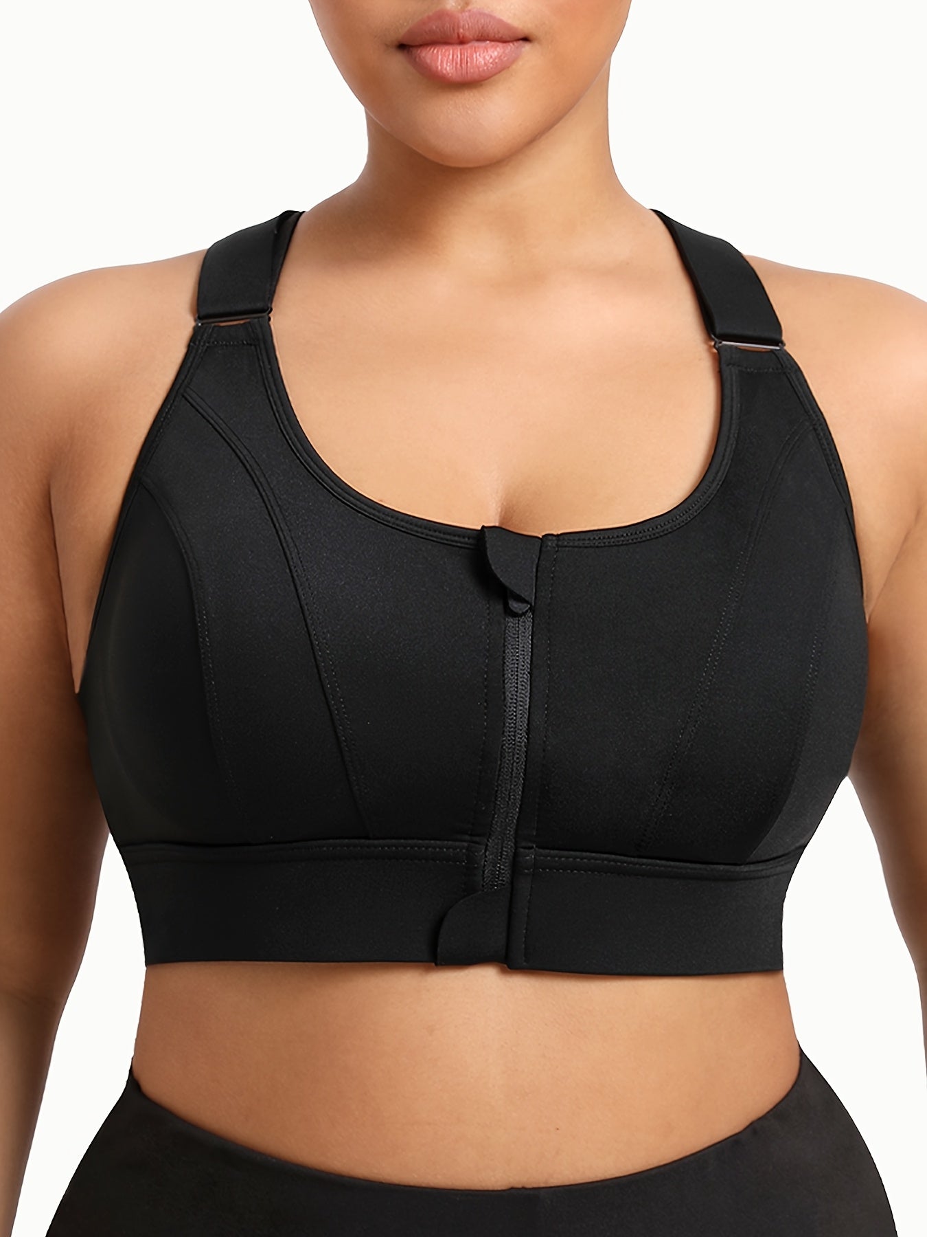Women's Plus Size Black Sports Bra - Comfort Fit, Adjustable Straps, Front Zipper