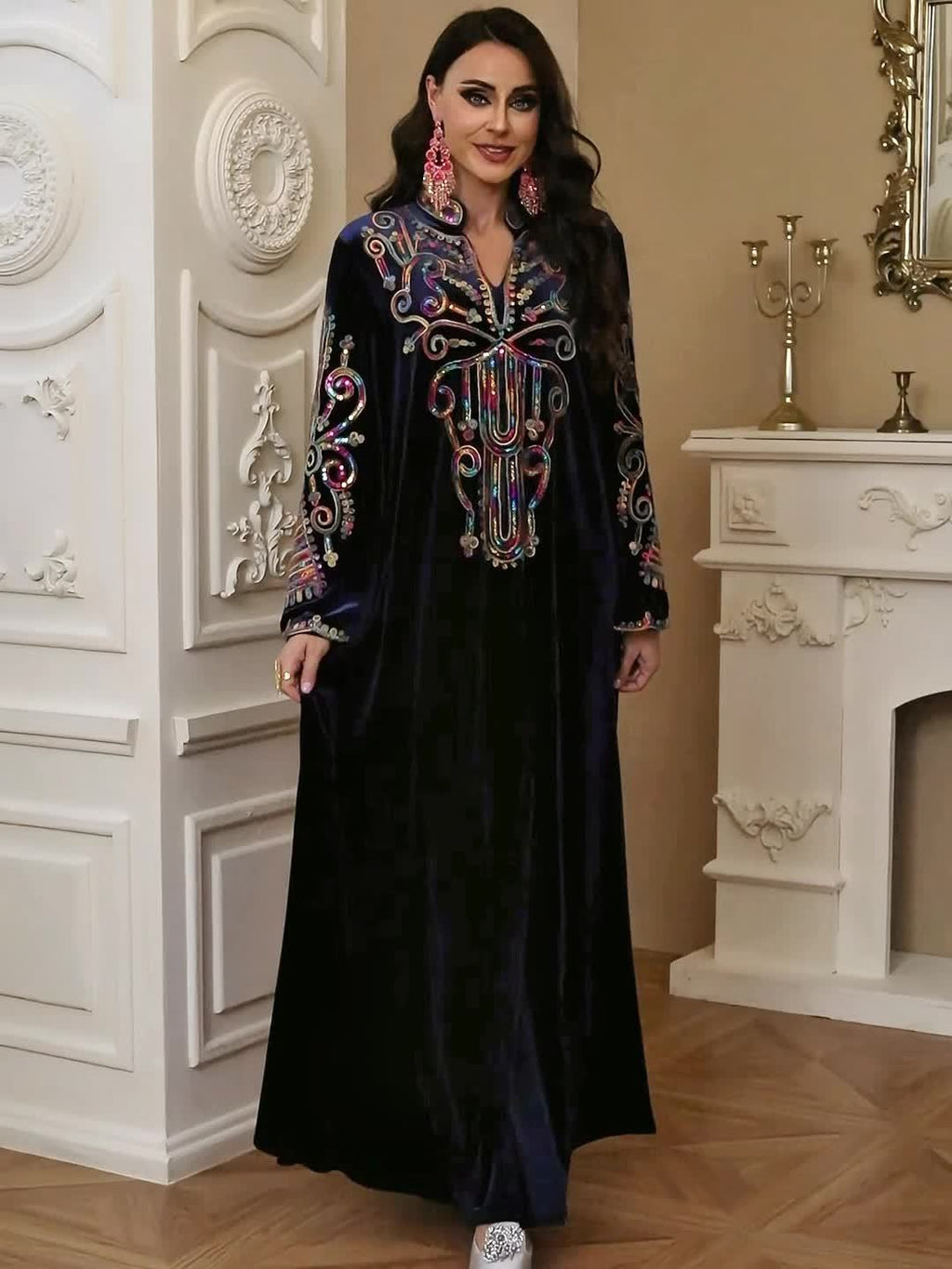 Women's Golden Velvet Abaya Kaftan - Floral Embroidery with Sequins, Long Sleeve Modest Dress