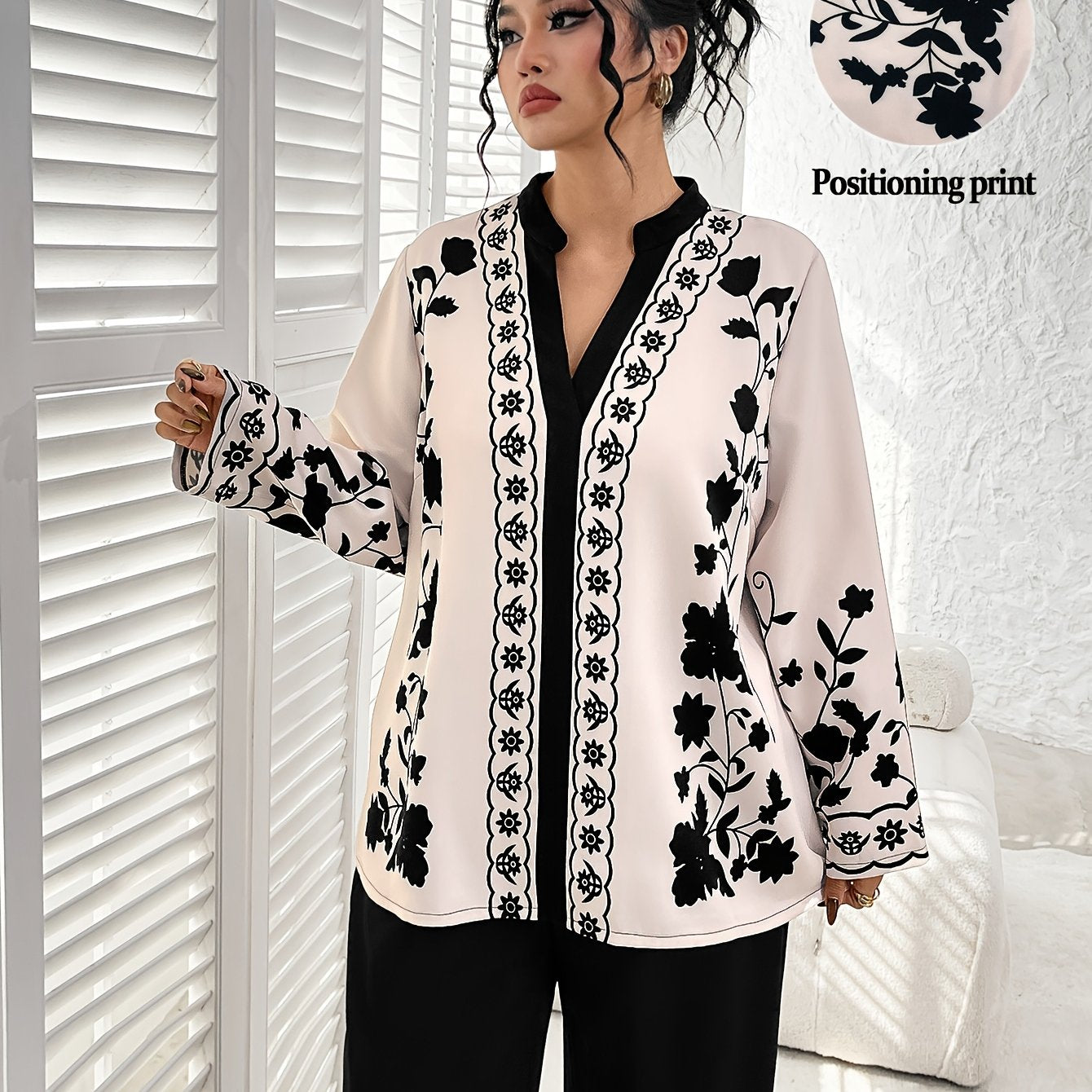Plus Size - Elegant Floral Print Long Sleeve Blouse with Stand Collar