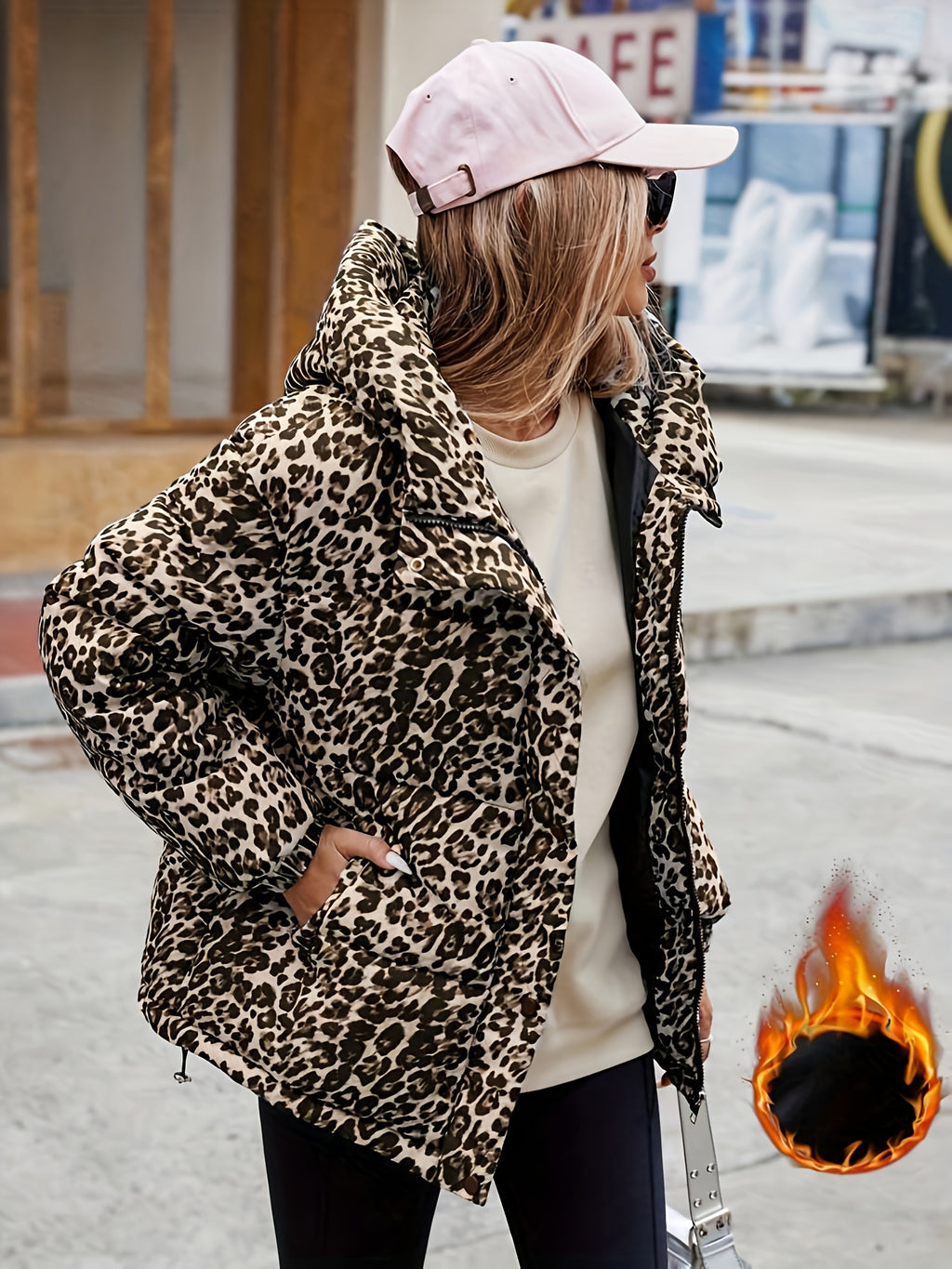 Women's Plus Size Winter Leopard Print Full-Length Zip Hooded Jacket