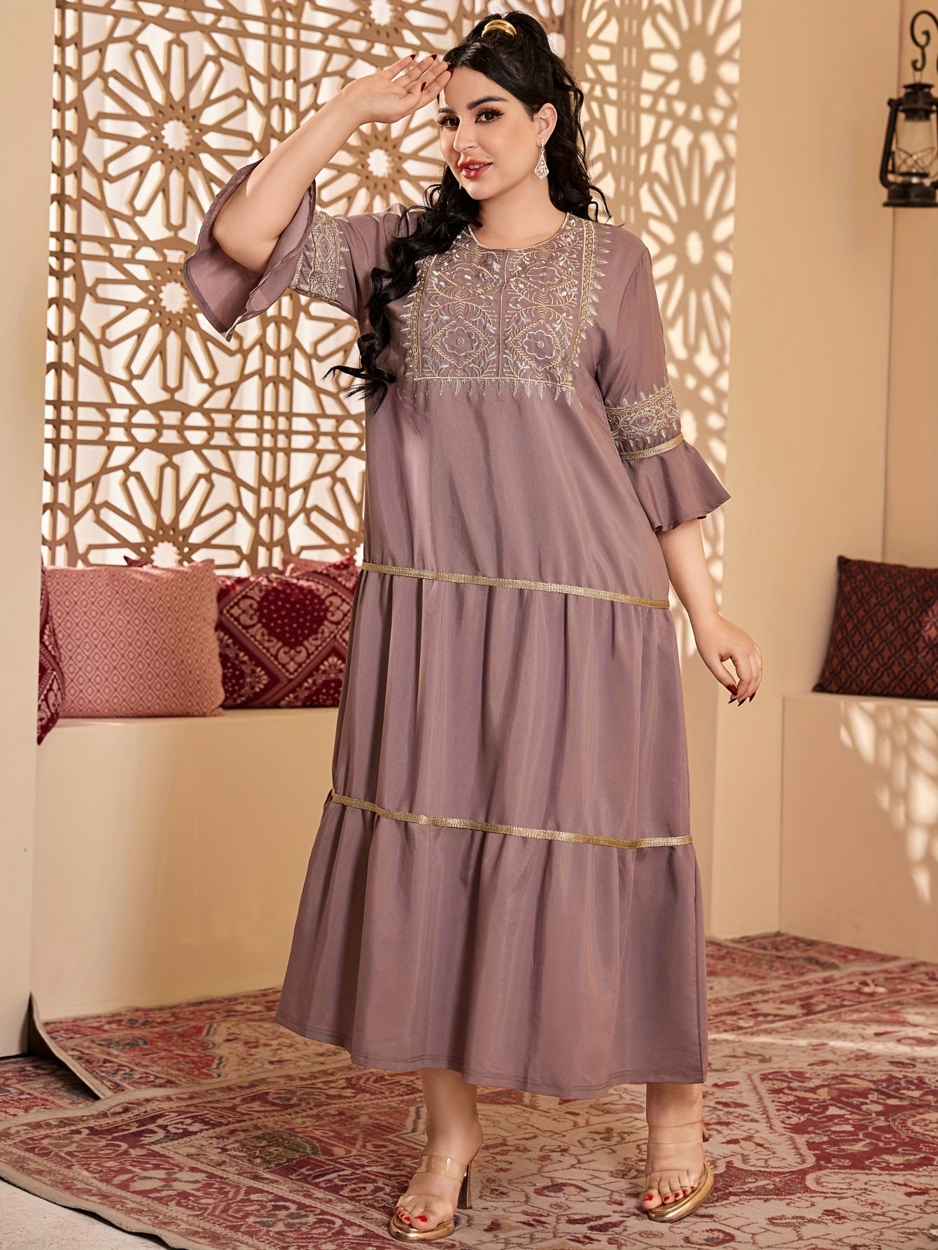 Elegant Ethnic Style Three Quarter Length Ruffle Sleeve Dress with Embroidery