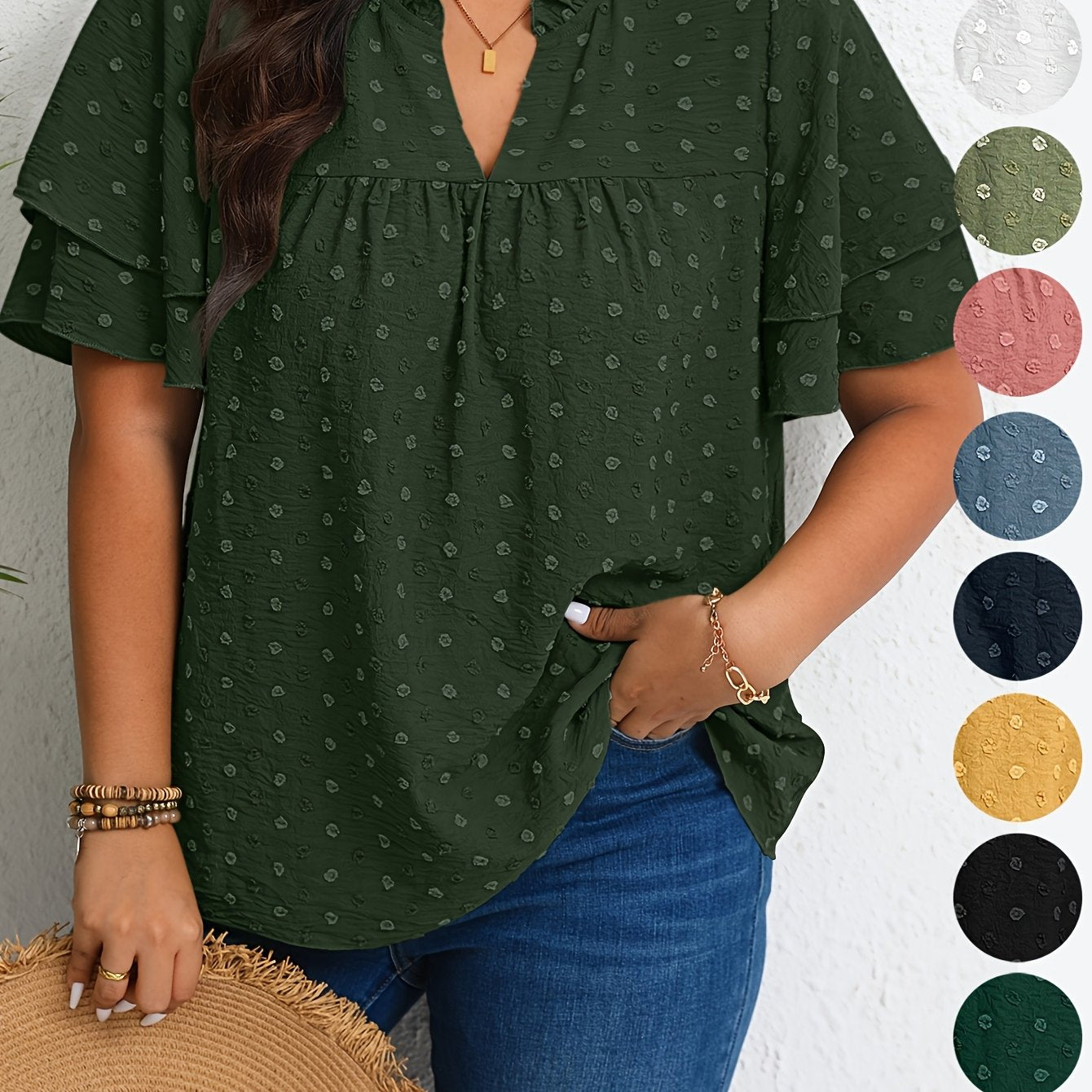 Plus Size Women's Casual V-Neck Blouse with Ruffled Short Sleeves
