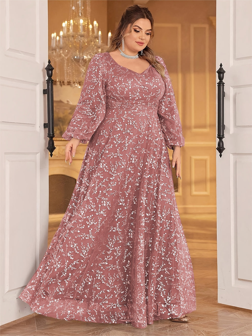 Plus Size, Plus Size Women's Golden Foil Floral Mesh Sweetheart Neck Lantern Sleeve