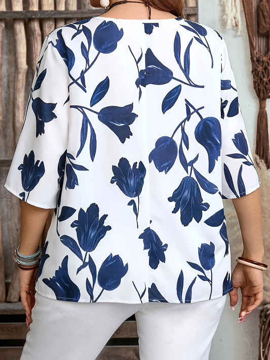 Elegant Printed Loose Button-Decorated Short Sleeve Blouse
