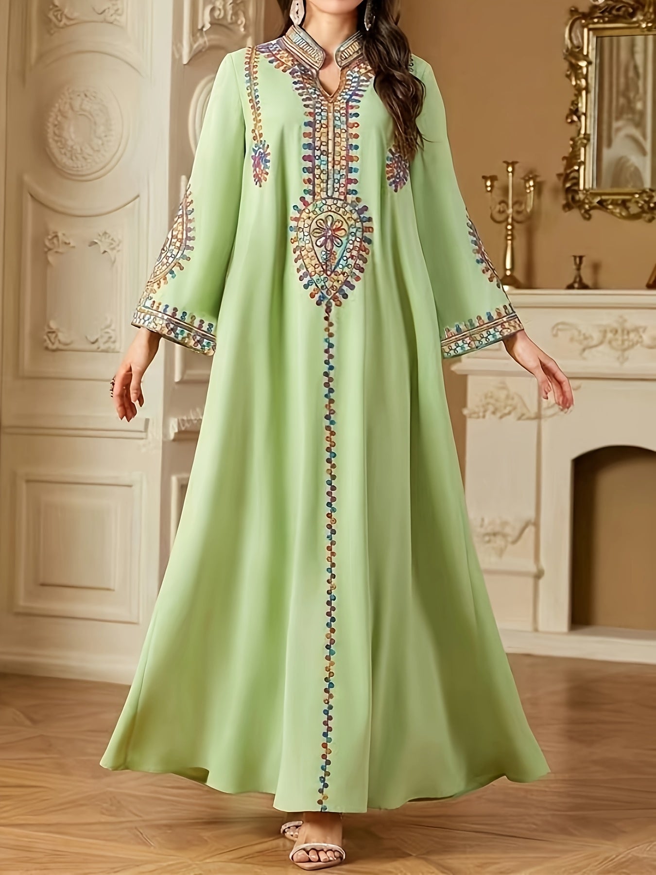 Elegant Middle Eastern-Style Long Dress with Intricate Designs