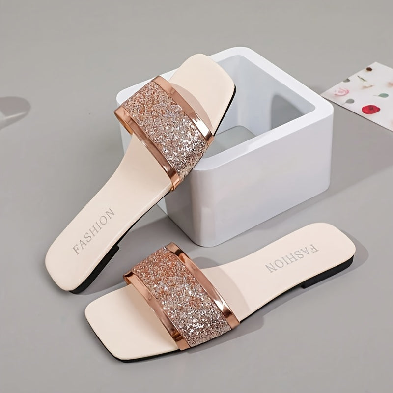 Women's Slip-On Flat Sandals with Golden-Rimmed Embossed Design
