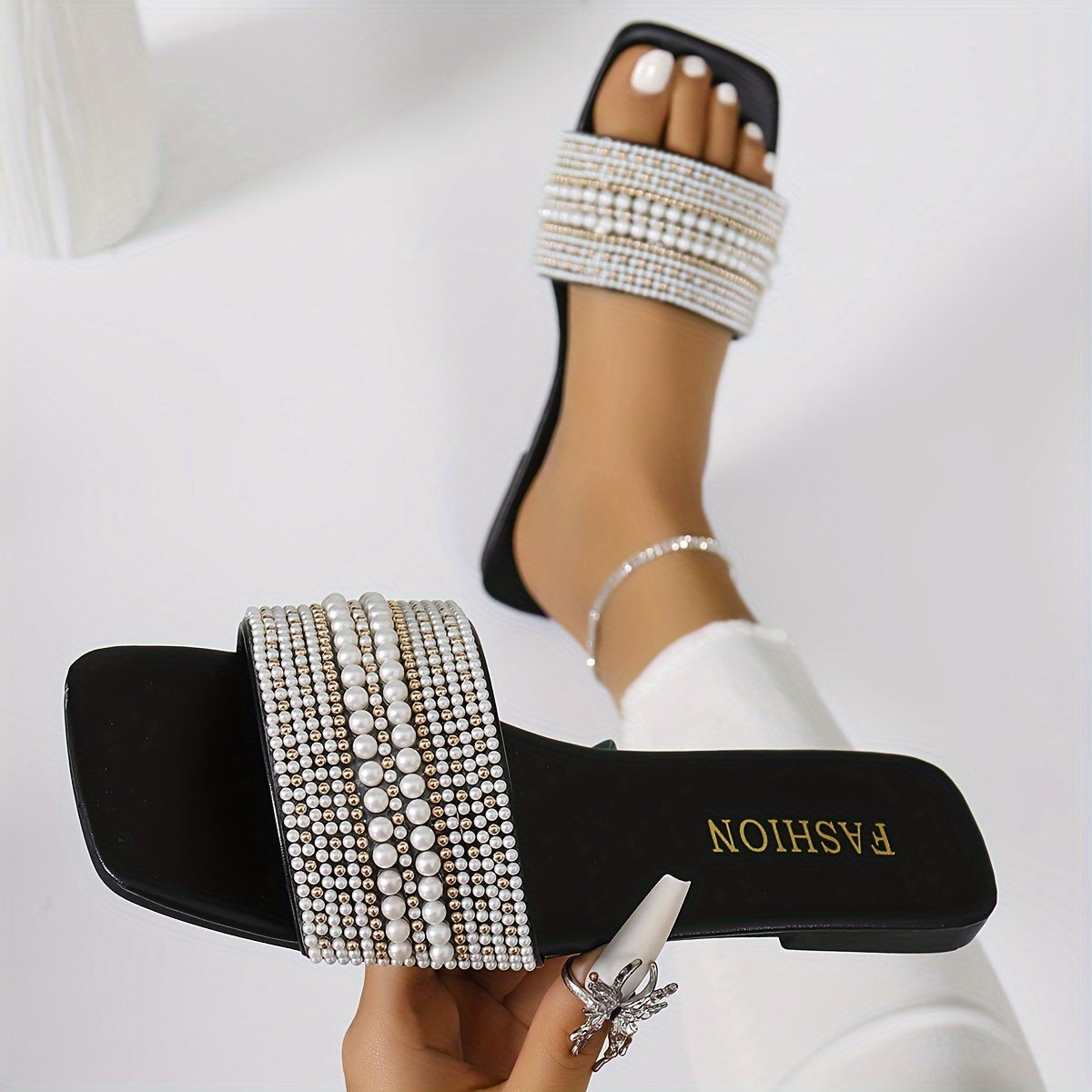 Elegant Women's Summer Flat Slide Sandals - Chic Square Toe with Pearl & Rhinestone Embellishments, Casual Slip-On Design, Faux Cover