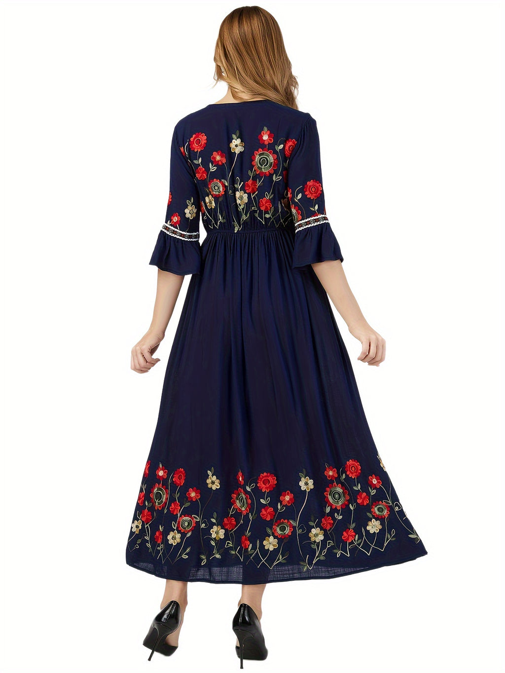 Elegant Green Embroidered Maxi Dress with V-Neck and Ruffle Sleeves