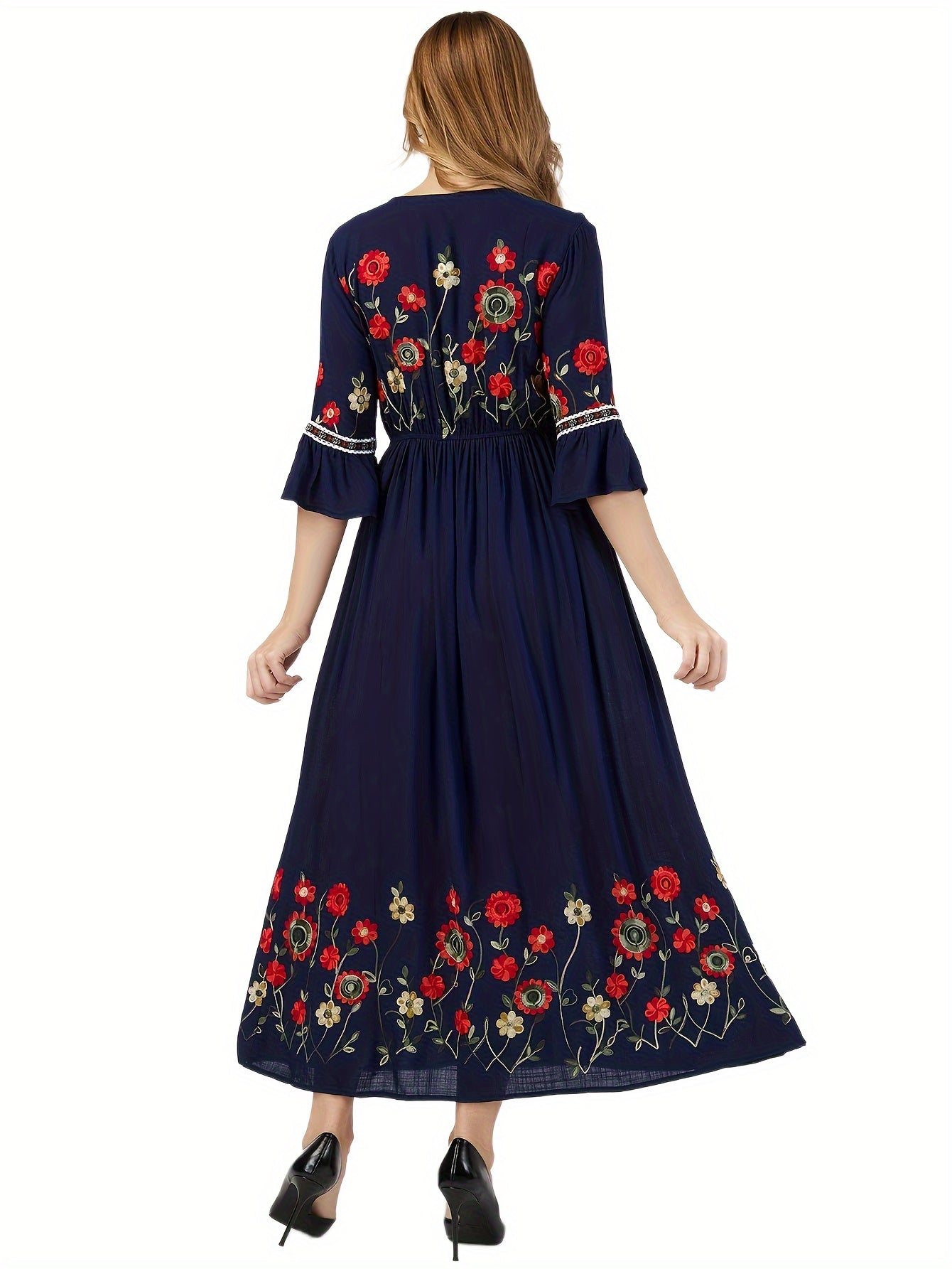 Elegant Green Embroidered Maxi Dress with V-Neck and Ruffle Sleeves
