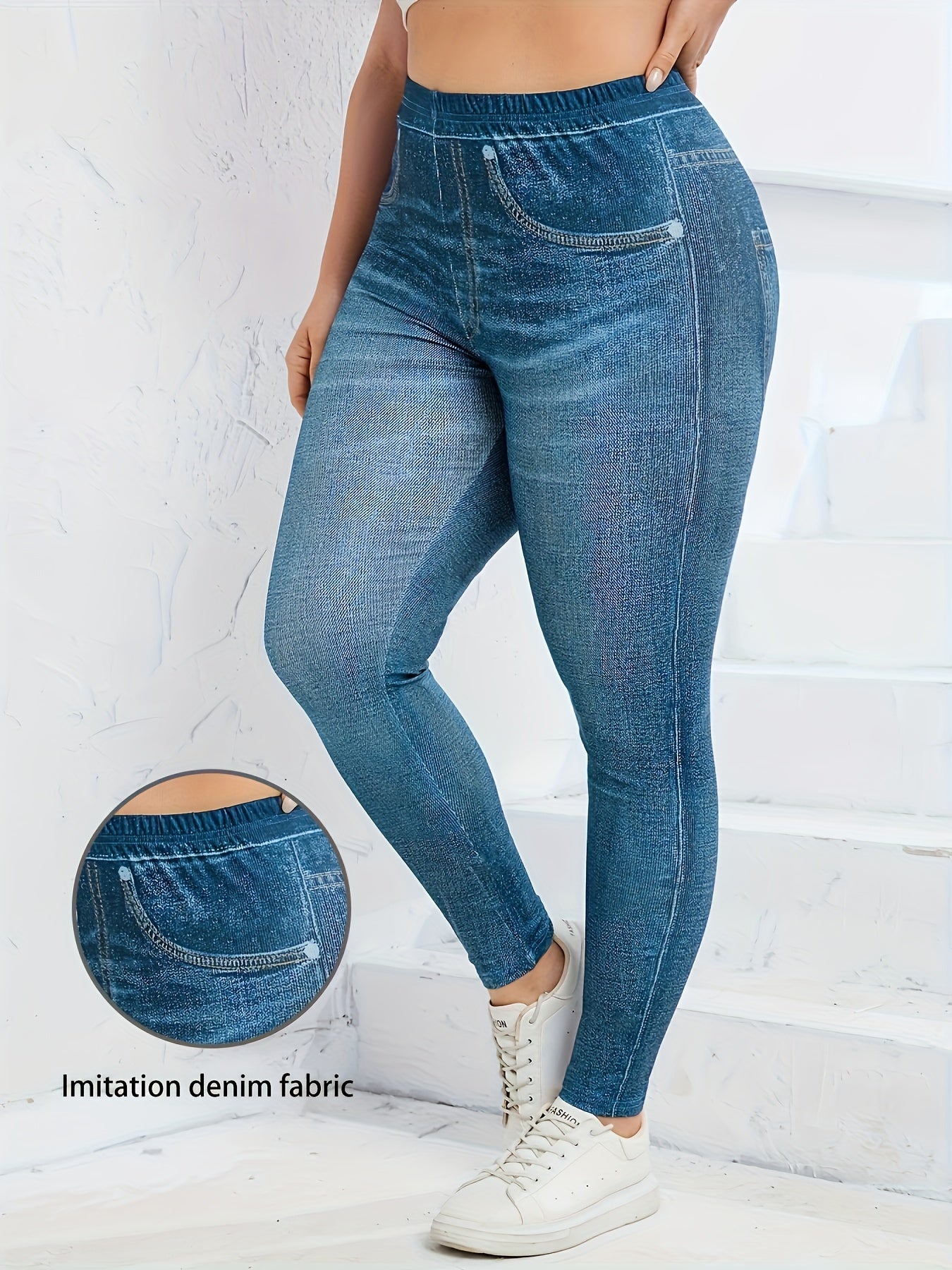 Plus Size Faux Denim Leggings - Ultra-Comfy High Waist Stretchy Design