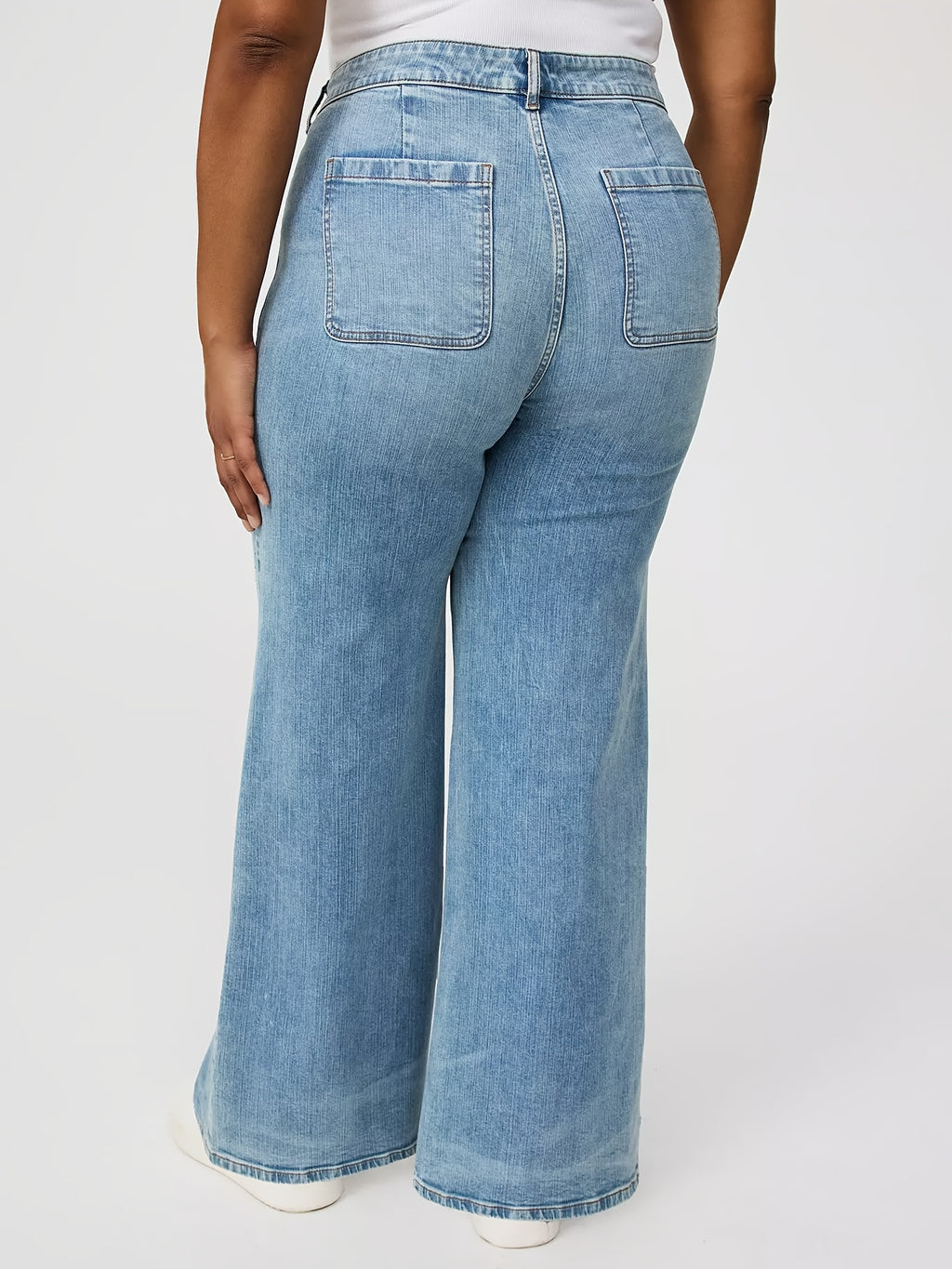 Women's Wide-Leg High-Waisted Wash Blue Jeans - Plus Size Stretch Denim Pants