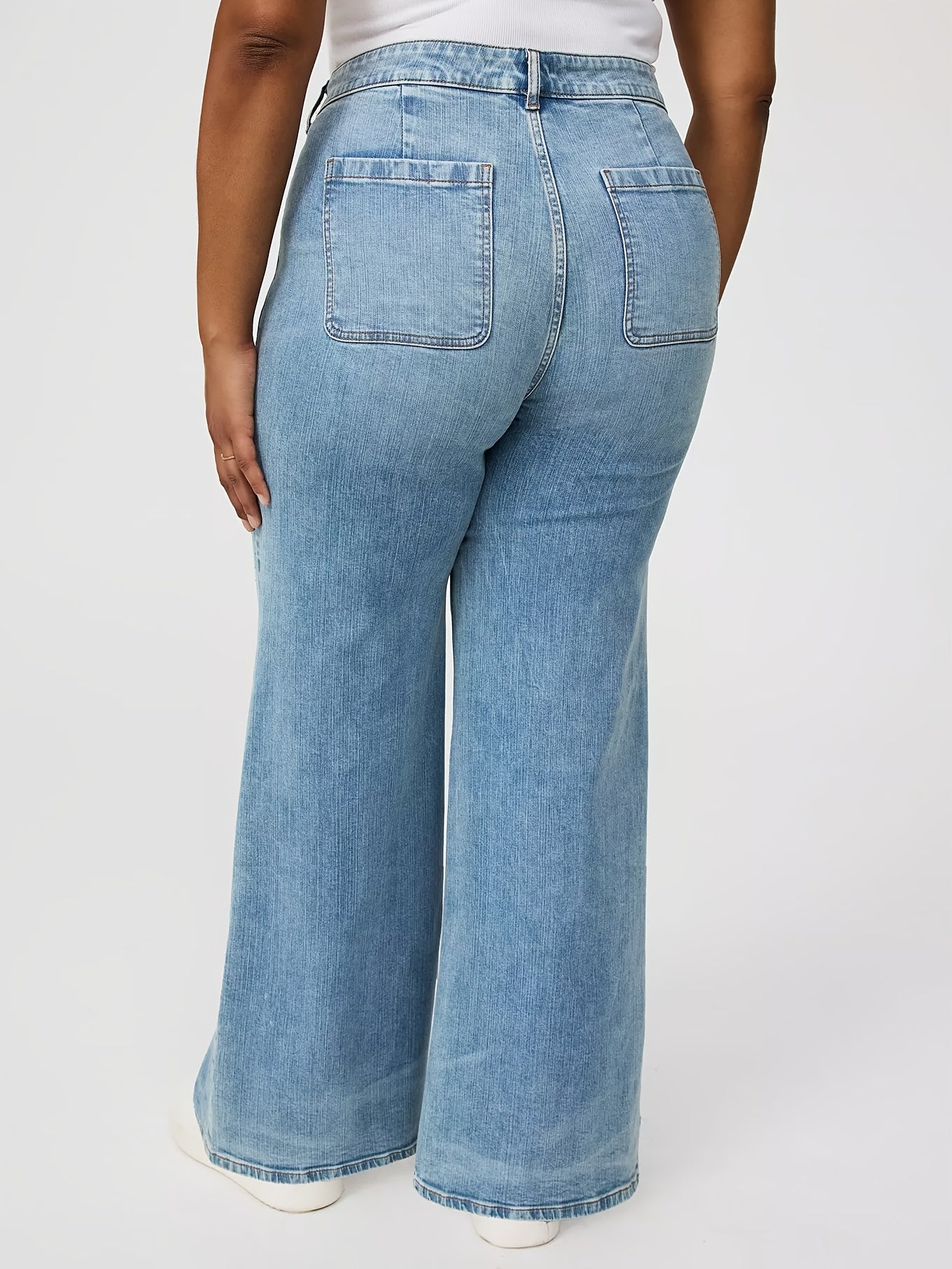 Women's Wide-Leg High-Waisted Wash Blue Jeans - Plus Size Stretch Denim Pants