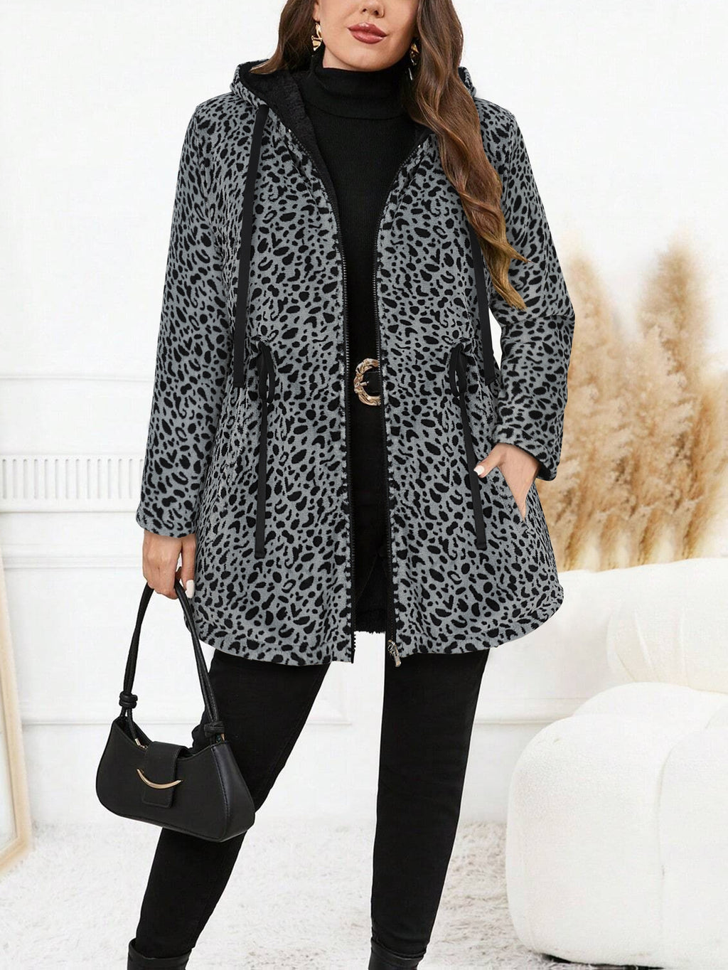 Plus Size Oversized Reversible Leopard Print Fleece Hoodie for Women