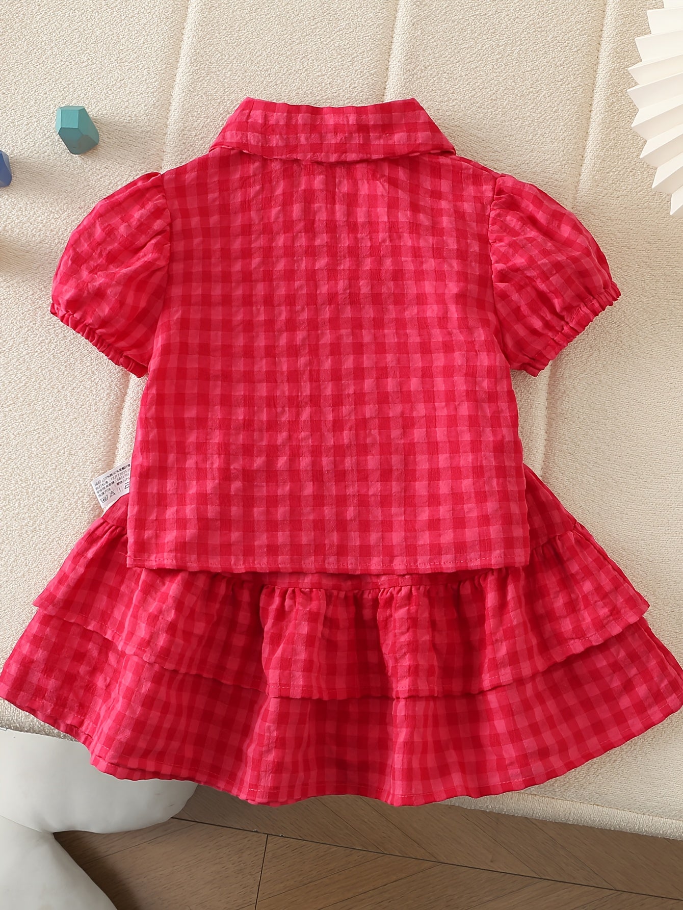 2pcs Korean Style Red Grid Half Sleeve Skirt Set for Youngsters Girls